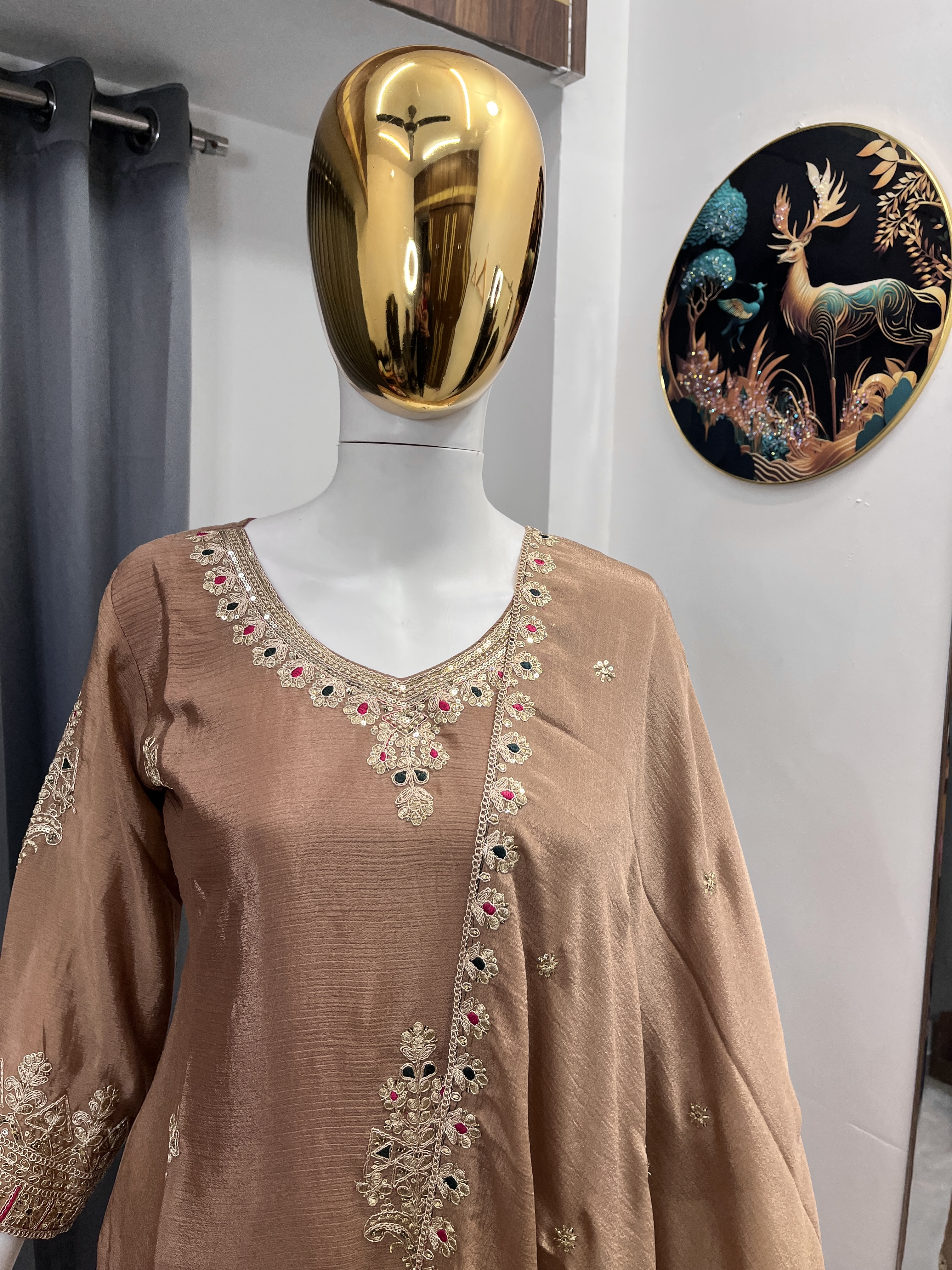 Women's Embroidery Sequin Work Silk Straight Kurti with Palazzo and Dupatta Set