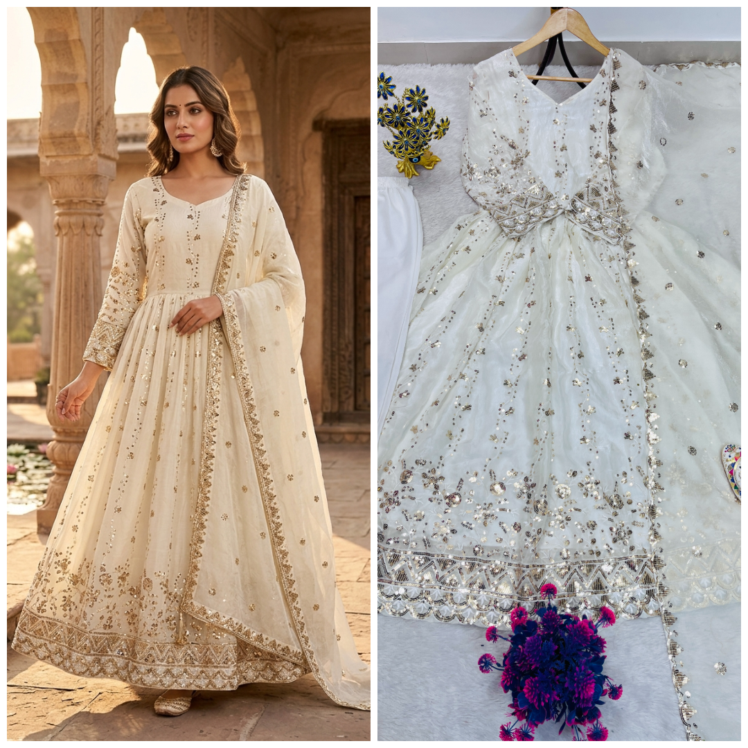 White Designer Sequence Embroidered Gown Set with Pant  Dupatta