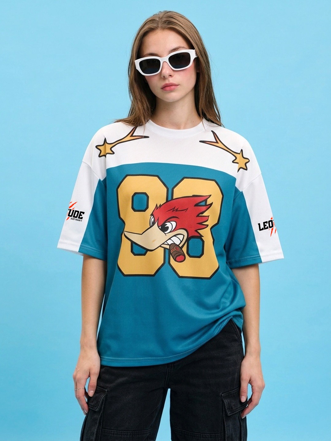 LEOTUDE Women Navy Woodpecker Printed oversized Tshirt - Leotude Fashion