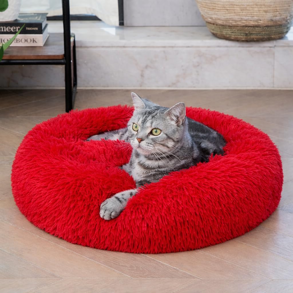 Pawzo Calming Plush Donut Pet Bed | Soft Round Cozy Bed for Cats, Puppies & Small Pets