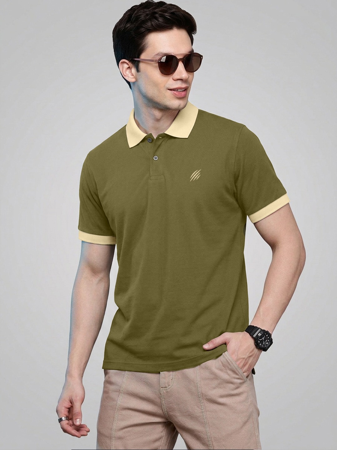 Men Solid Olive Green Polo T-Shirt