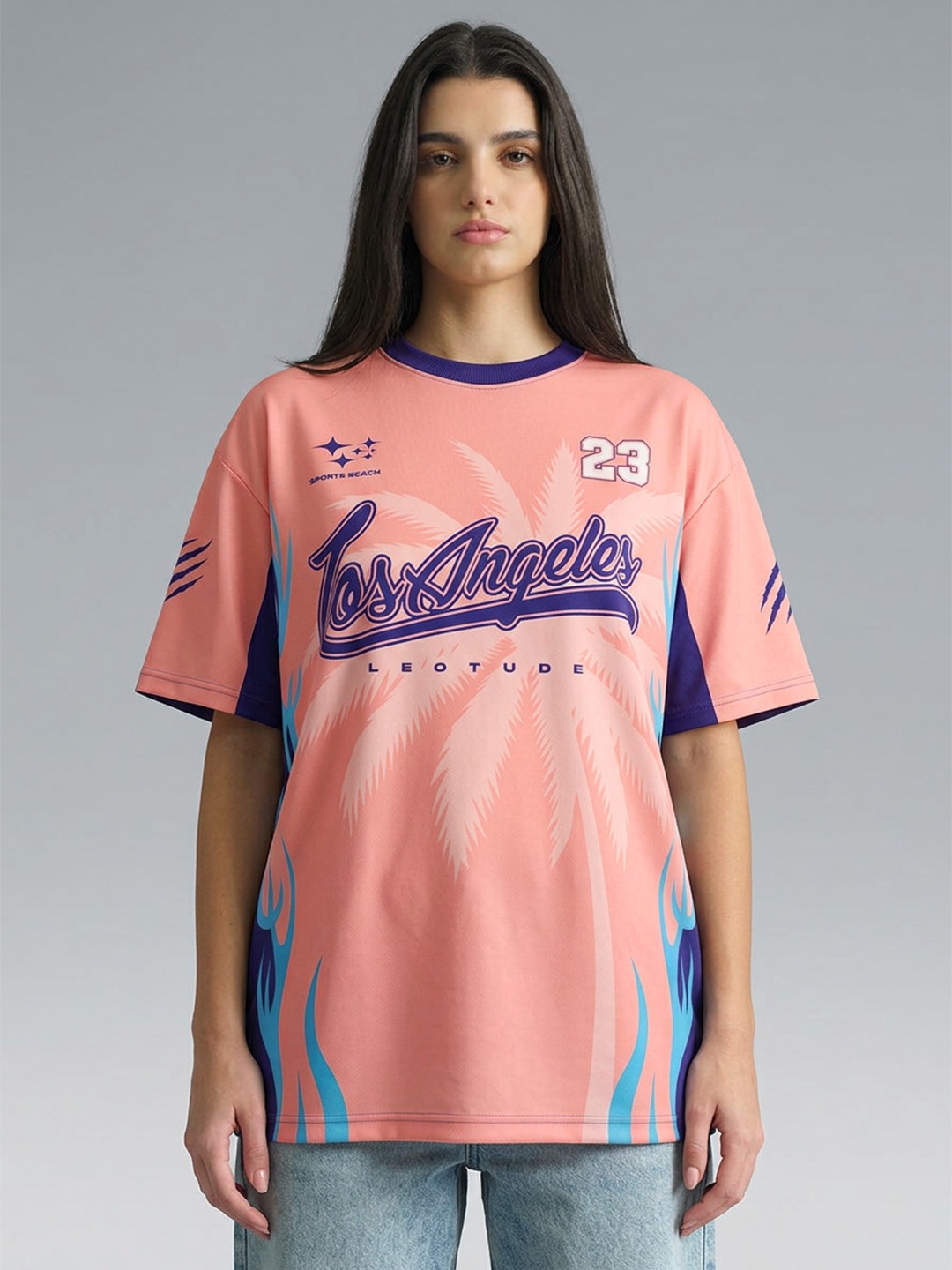 LEOTUDE Women Pink Losangeles Oversized Polyester T-Shirt - Leotude Fashion