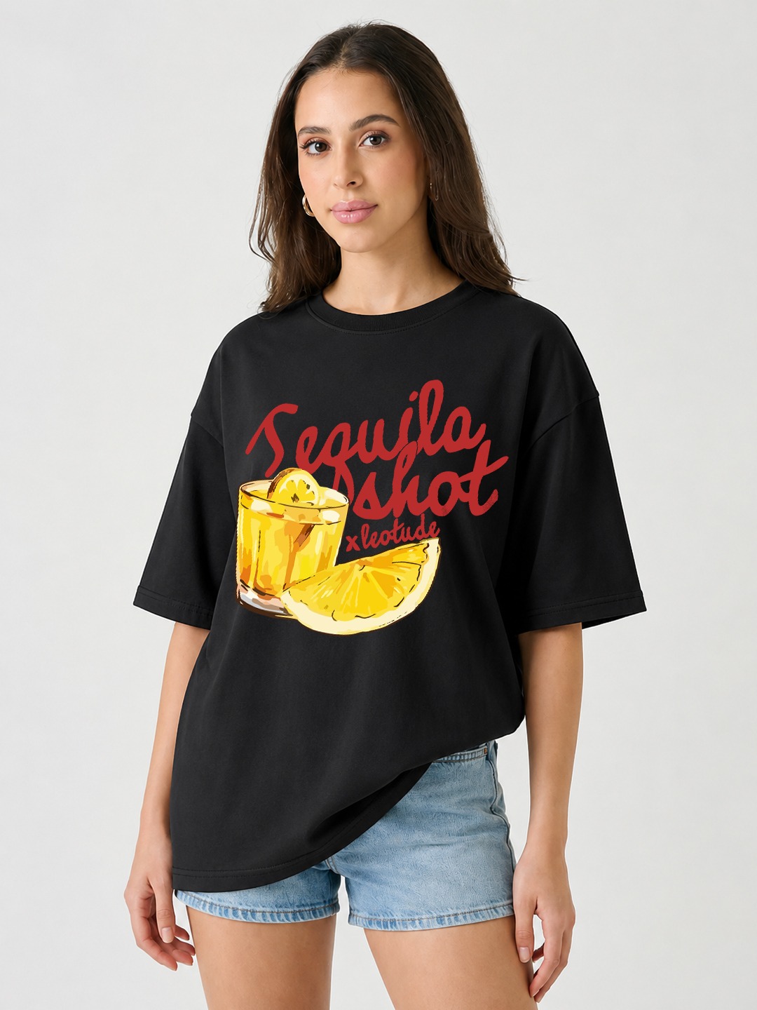 Leotude Women Oversized Premium Black Tequila T-shirt - Leotude Fashion