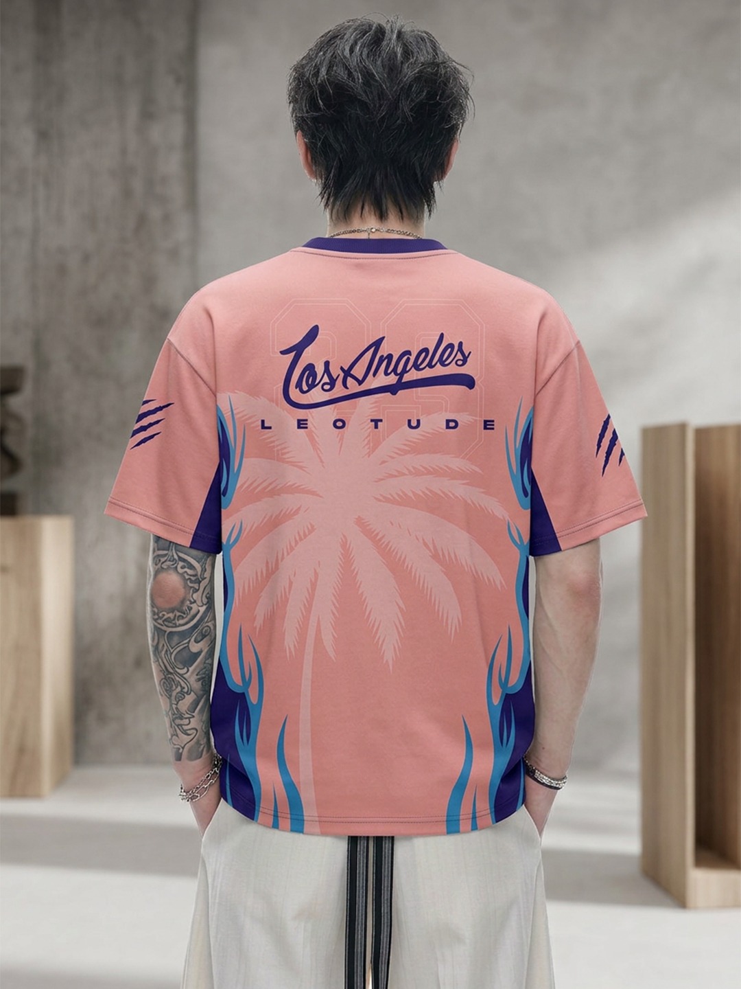 LEOTUDE Men Pink Losangeles Oversized Polyester T-Shirt - Leotude Fashion