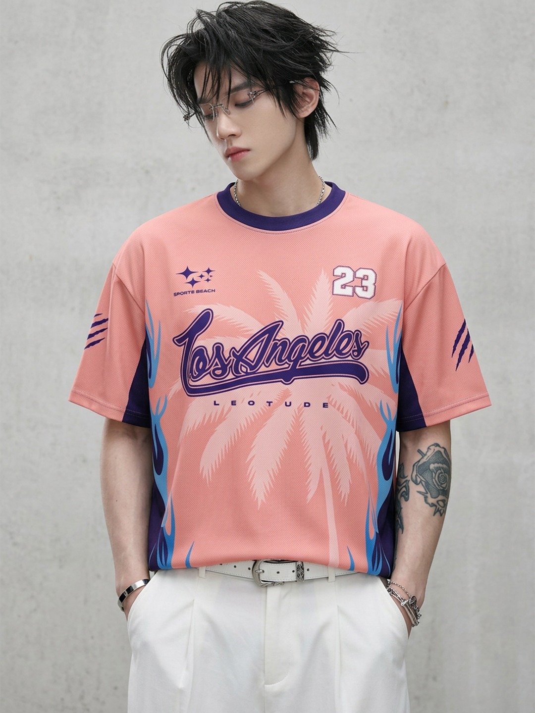 LEOTUDE Men Pink Losangeles Oversized Polyester T-Shirt - Leotude Fashion