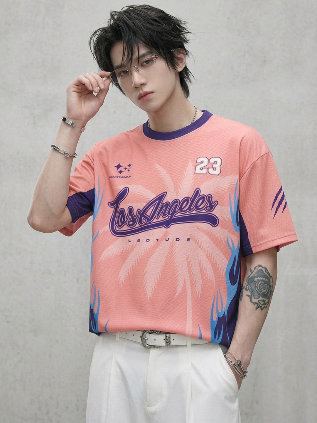 LEOTUDE Men Pink Losangeles Oversized Polyester T-Shirt | Leotude
