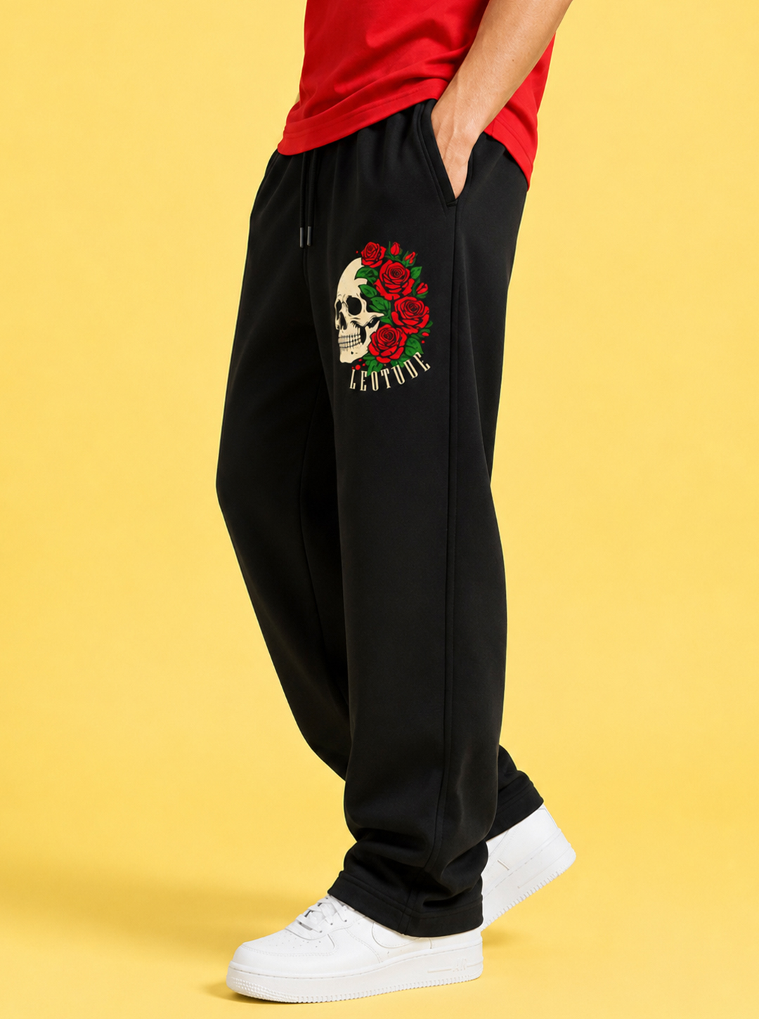 LEOTUDE Men Premium Printed Track Pant | Regular Fit | Cotton | Drawstring Waist | Side Pockets | Black Skull Rose - Leotude Fashion
