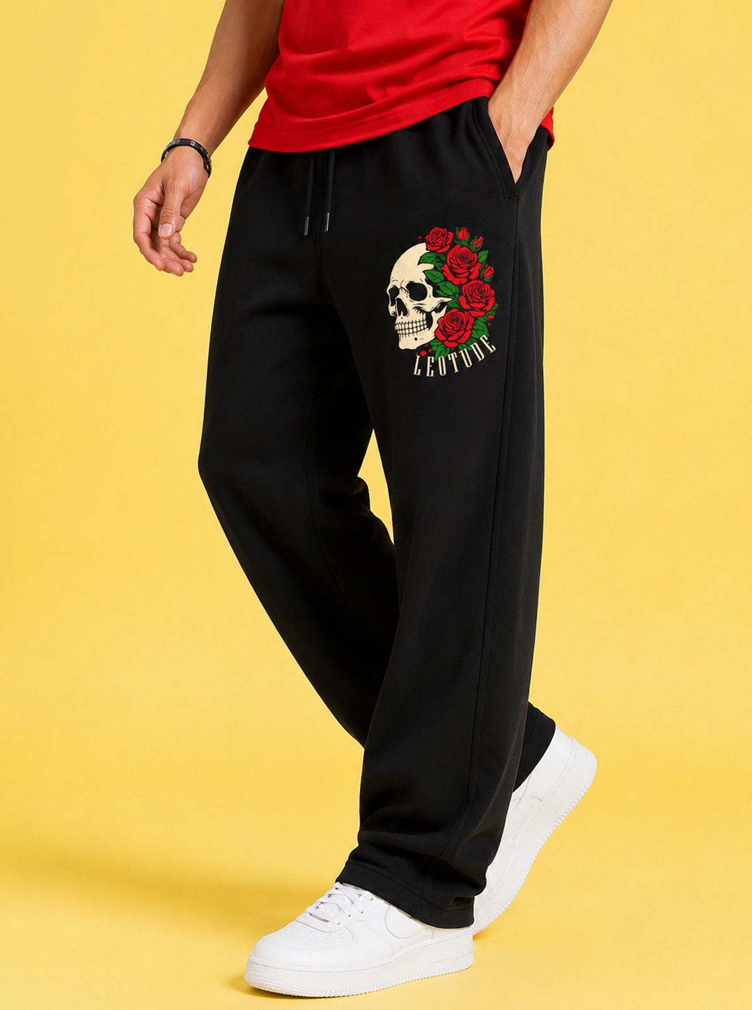 LEOTUDE Men Premium Printed Track Pant | Regular Fit | Cotton | Drawstring Waist | Side Pockets | Black Skull Rose - Leotude Fashion