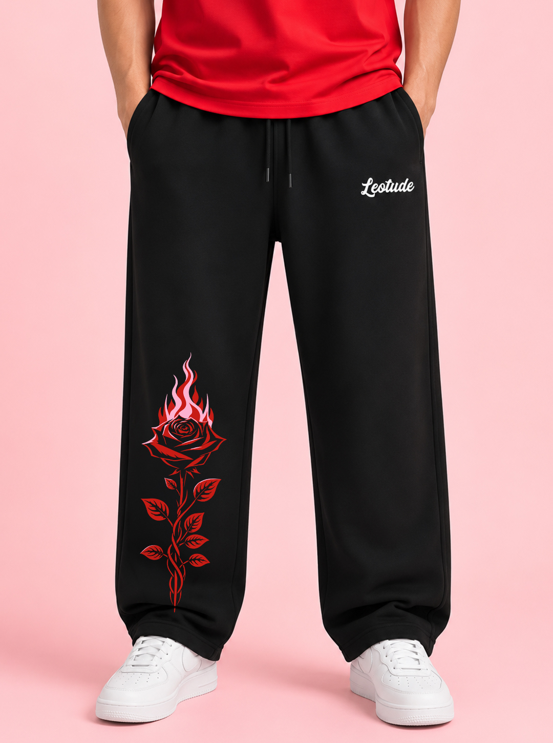 LEOTUDE Men Premium Printed Track Pant | Regular Fit | Cotton | Drawstring Waist | Side Pockets | Black Flame Rose - Leotude Fashion