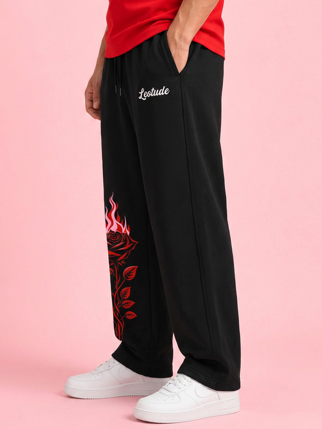 LEOTUDE Men Premium Printed Track Pant | Regular Fit | Cotton | Drawstring Waist | Side Pockets | Black Flame Rose - Leotude Fashion