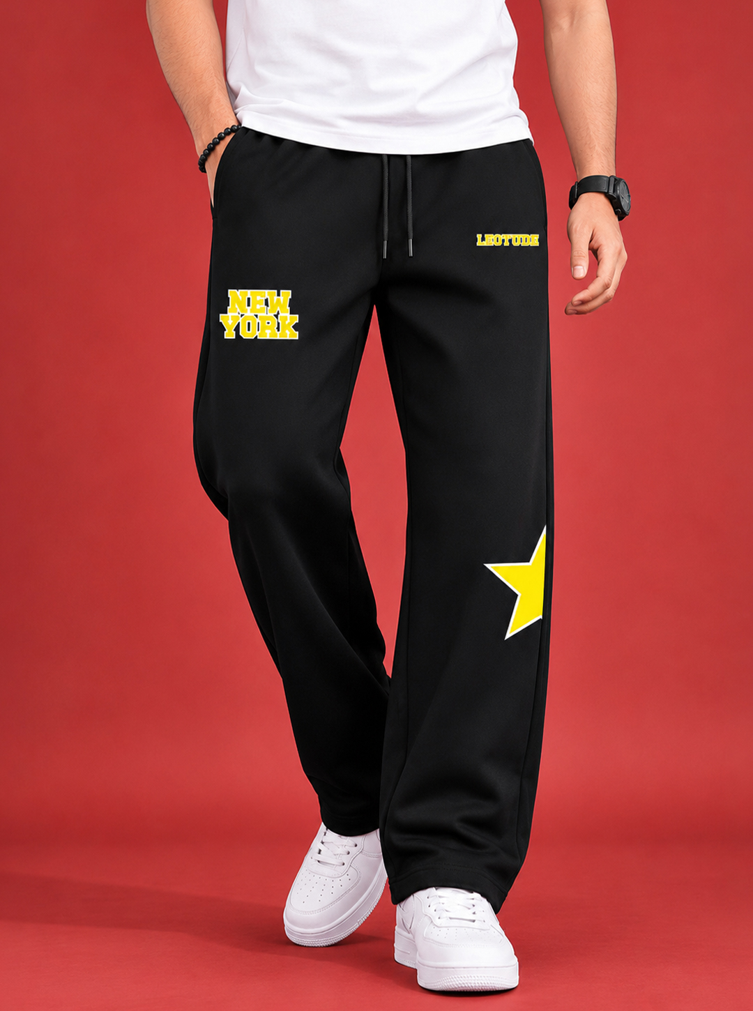 LEOTUDE Men Premium Printed Track Pant | Regular Fit | Cotton | Drawstring Waist | Side Pockets | Black Midtown - Leotude Fashion