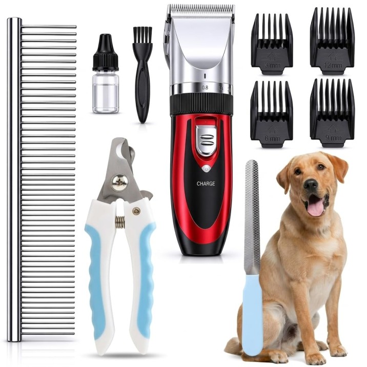 Pawzo Professional Pet Grooming Clipper Kit for Dogs & Cats | Rechargeable Hair Trimmer with Stainless Steel Comb & Guide Combs