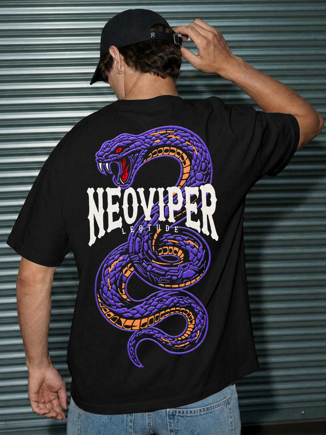 Men Oversized Printed T-Shirt | Black Neo Viper Graphic | Half Sleeve Round Neck Streetwear Tee - Leotude Fashion