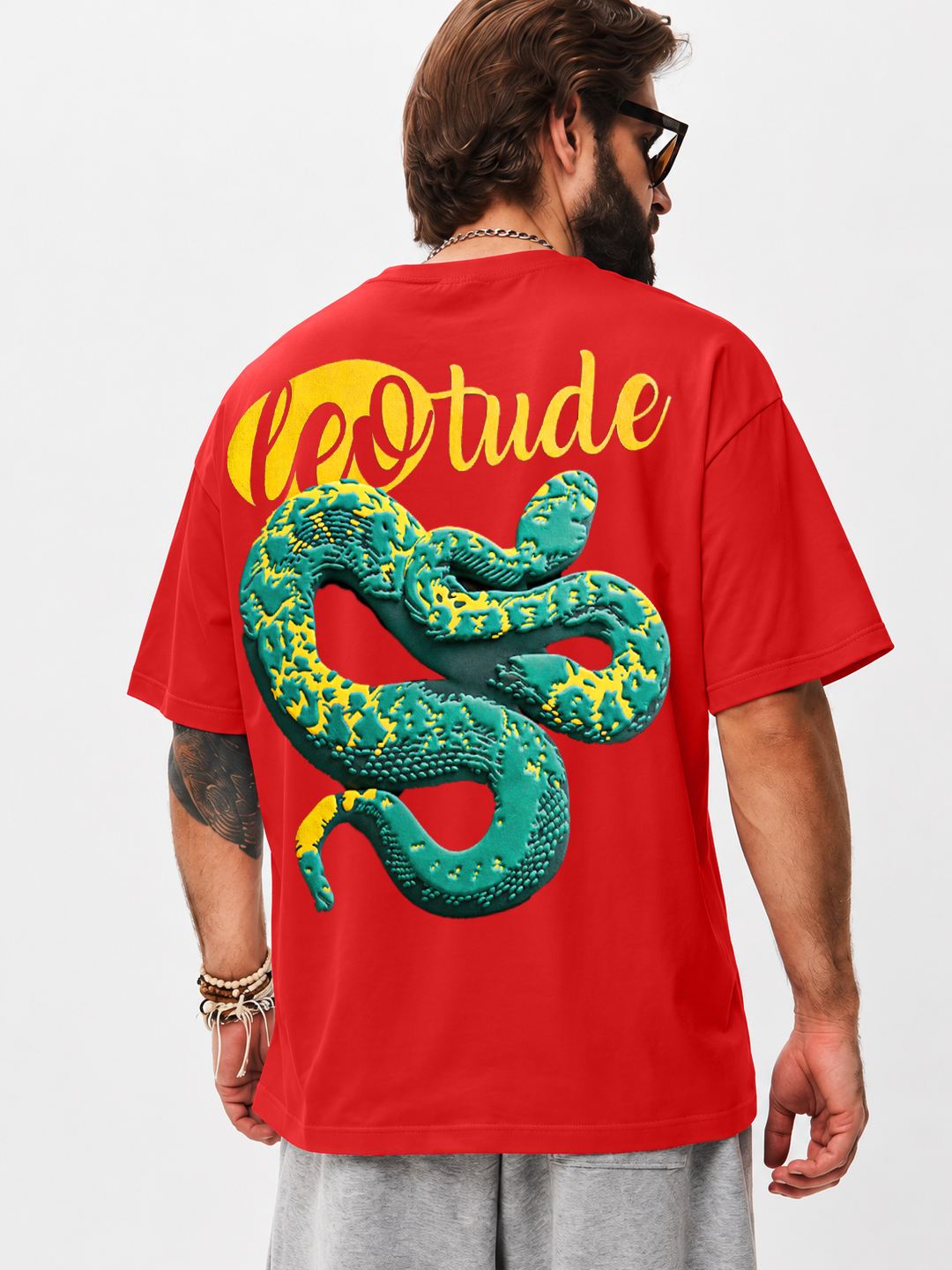 Men Oversized Printed T-Shirt | Red Snake Graphic | Half Sleeve Round Neck Streetwear Tee - Leotude Fashion