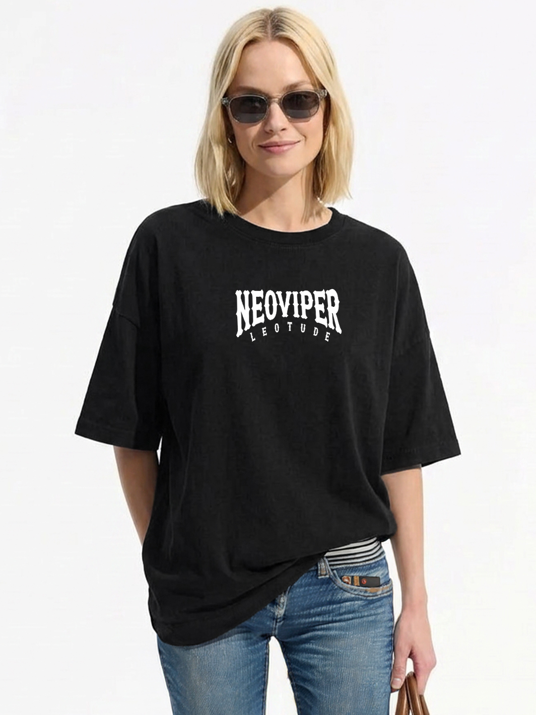 Women Oversized Printed T-Shirt | Black Neo Viper Graphic | Half Sleeve Round Neck Streetwear Tee - Leotude Fashion