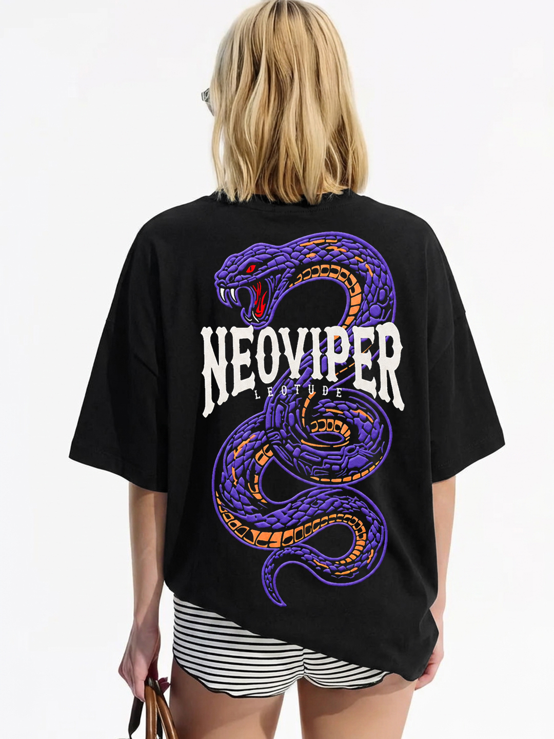 Women Oversized Printed T-Shirt | Black Neo Viper Graphic | Half Sleeve Round Neck Streetwear Tee - Leotude Fashion