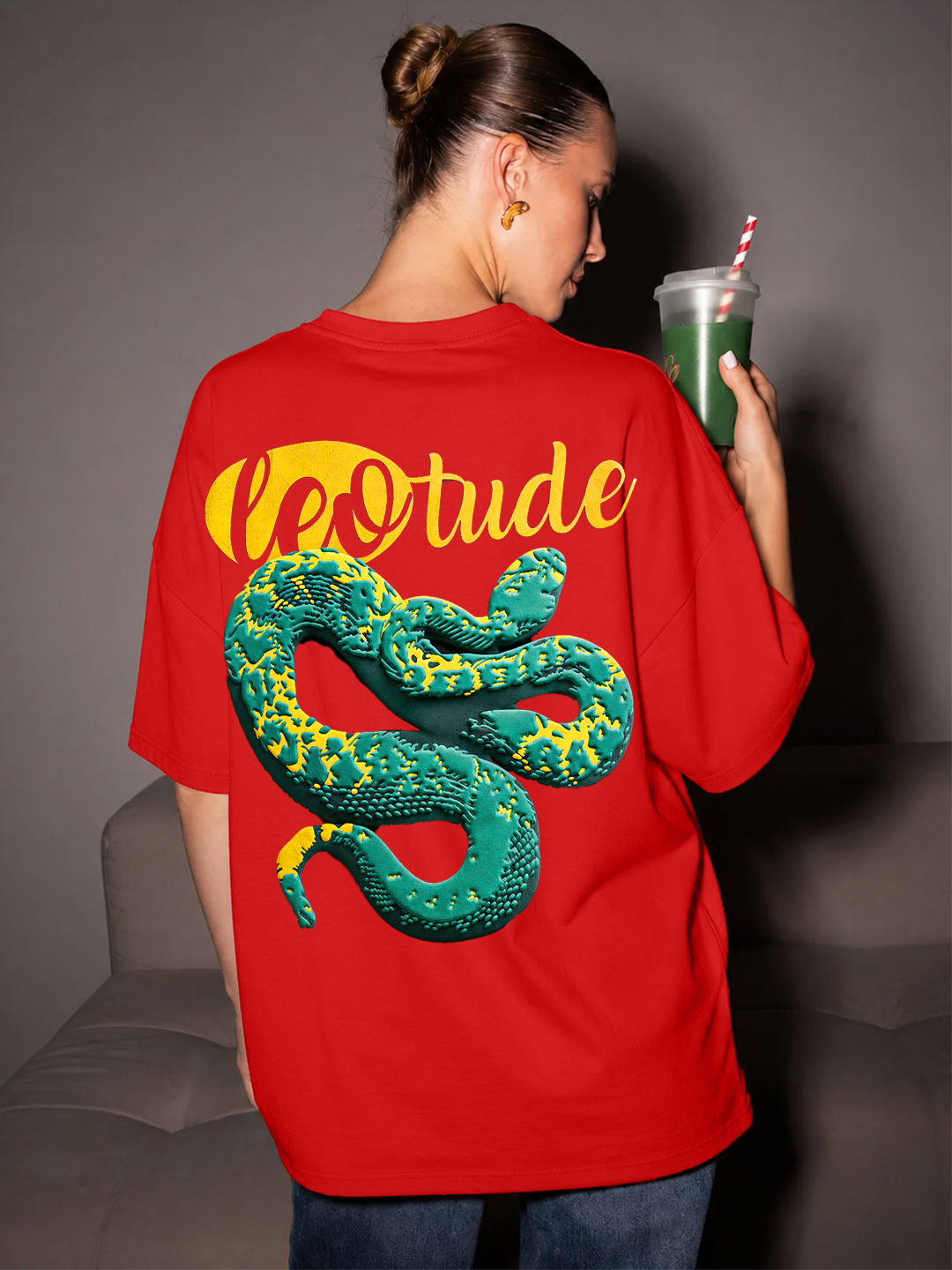 Women Oversized Printed T-Shirt | Red Snake Graphic | Half Sleeve Round Neck Streetwear Tee - Leotude Fashion