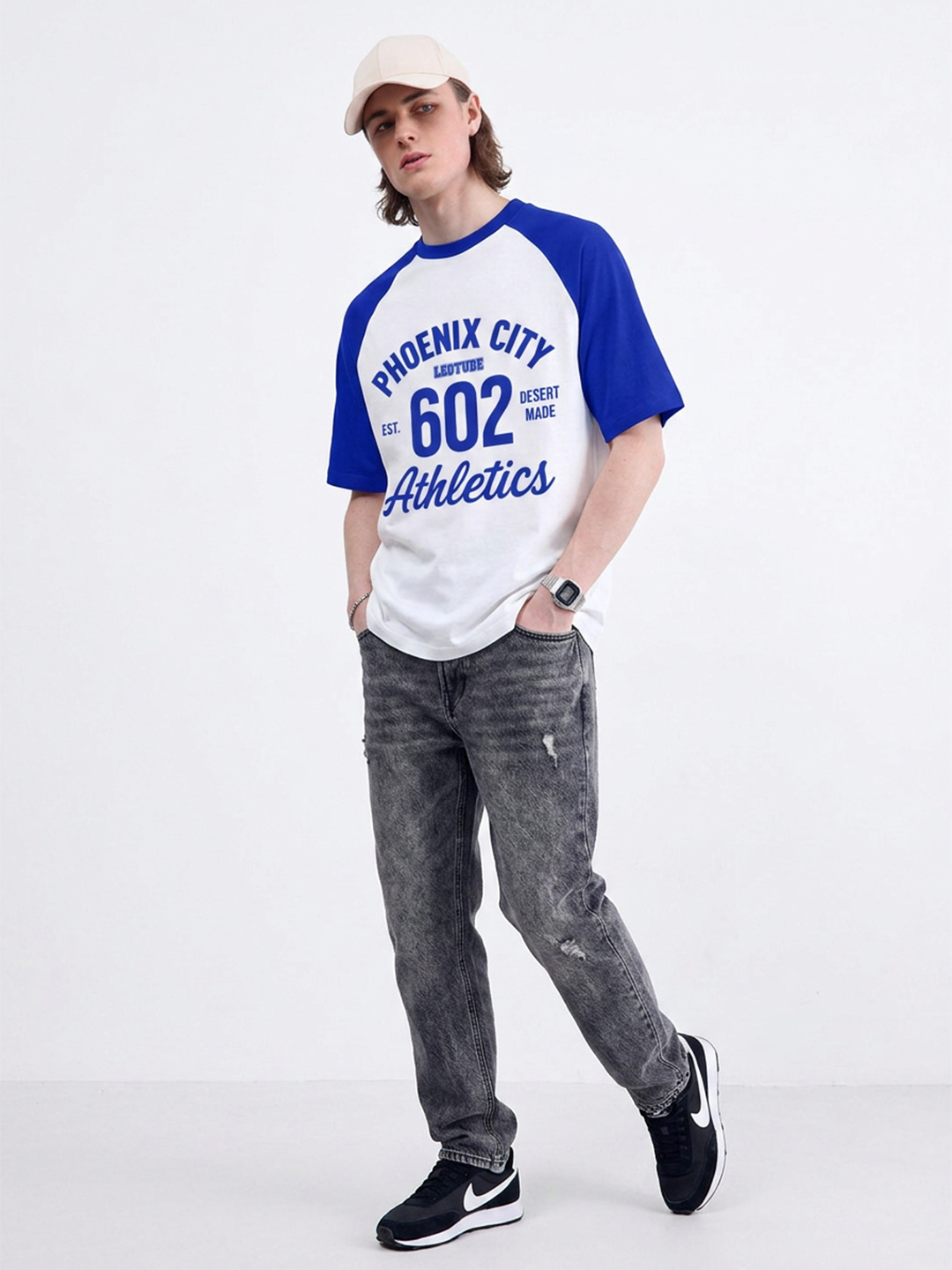 Leotude Men Oversized Printed T-Shirt | Half Sleeve Round Neck | Phoenix Graphic | Blue