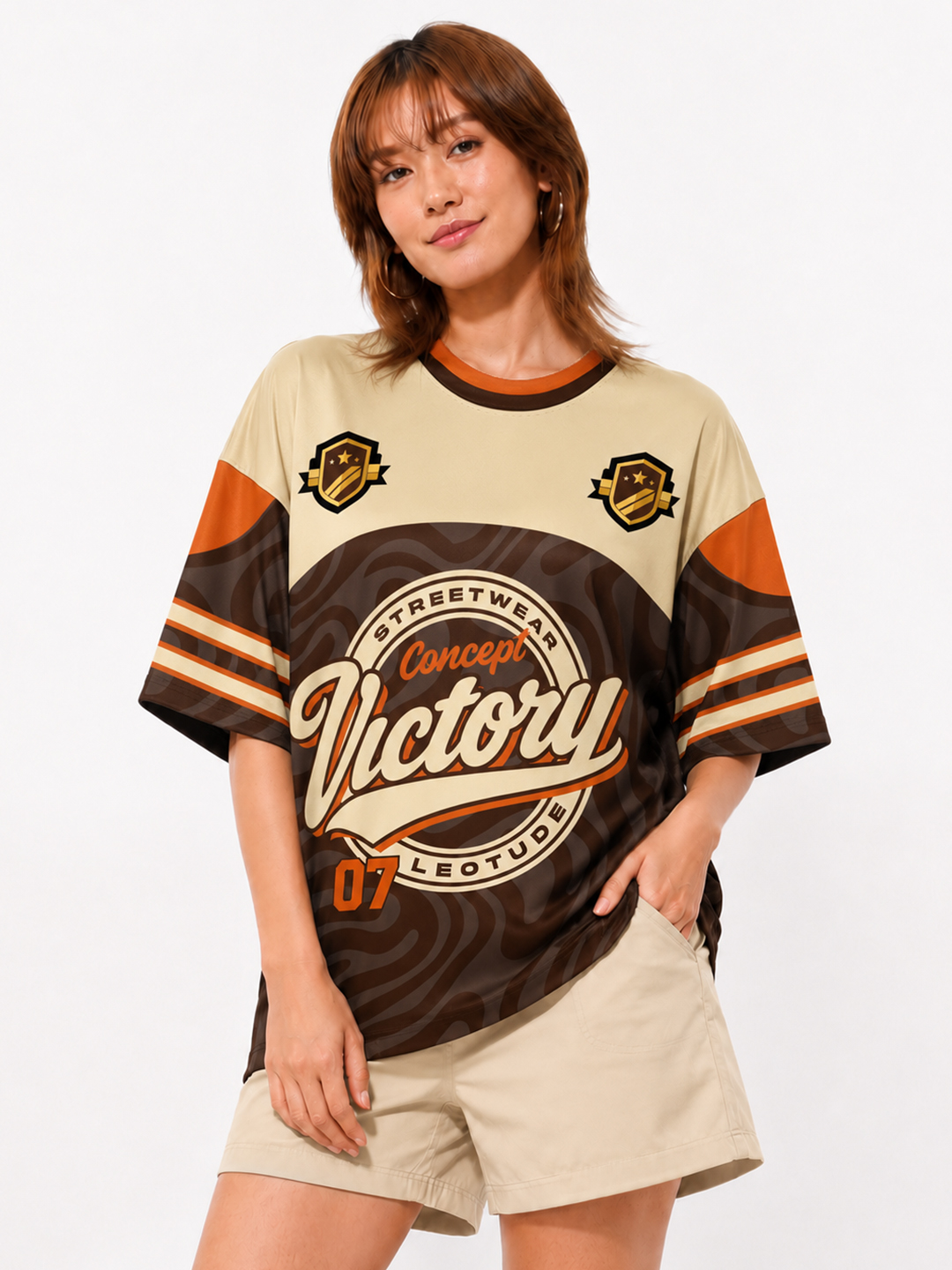 Women Brown Victory Oversized Polyester T-Shirt - Leotude Fashion