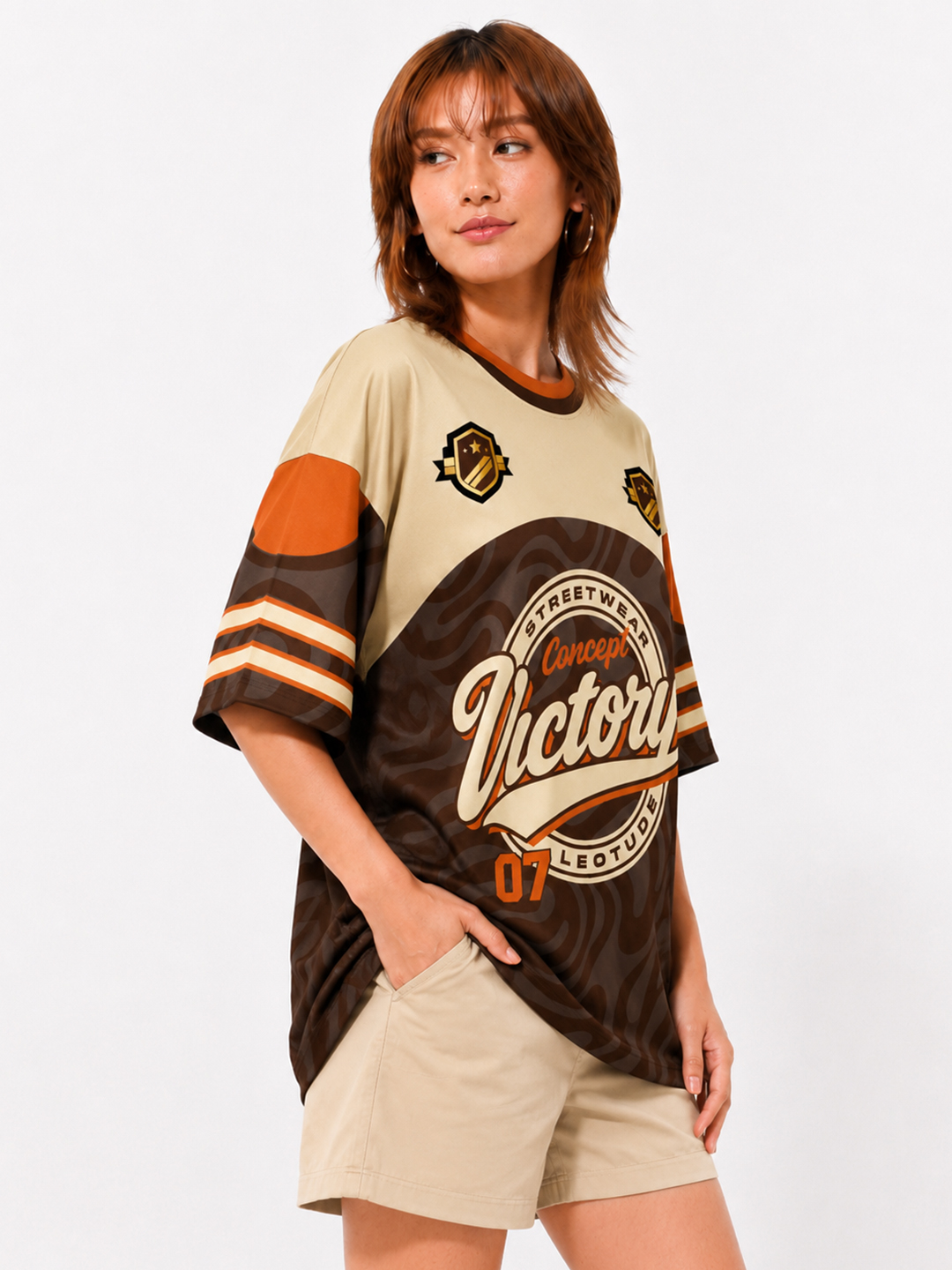 Women Brown Victory Oversized Polyester T-Shirt - Leotude Fashion