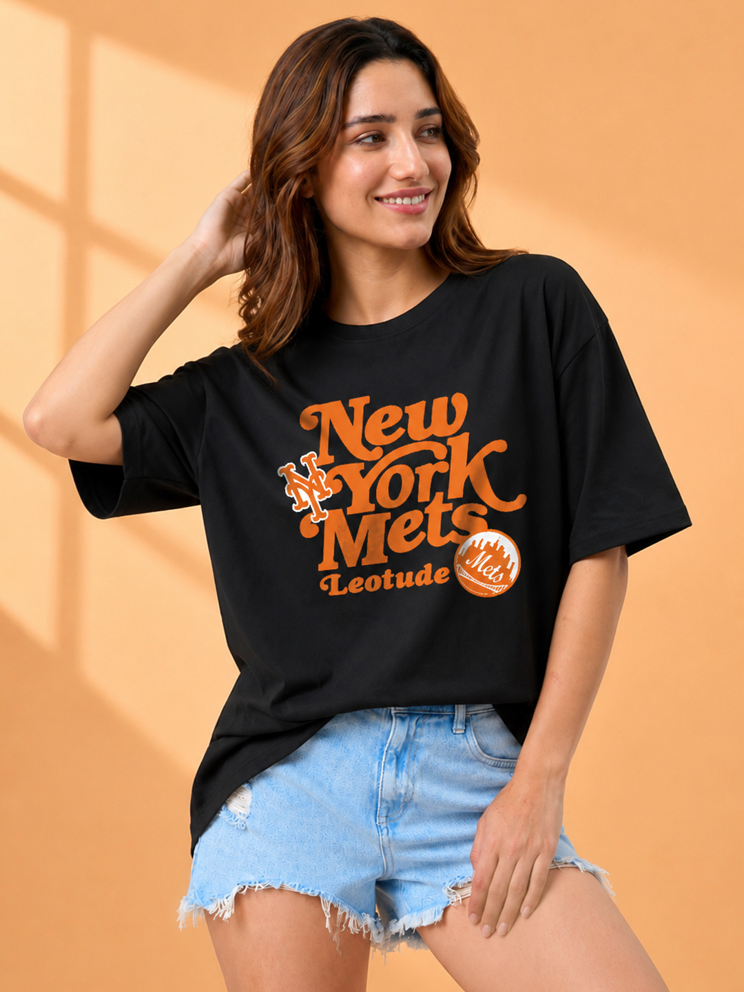 Women Oversized Printed T-Shirt | Black Mets Graphic | Half Sleeve Round Neck Streetwear Tee - Leotude Fashion