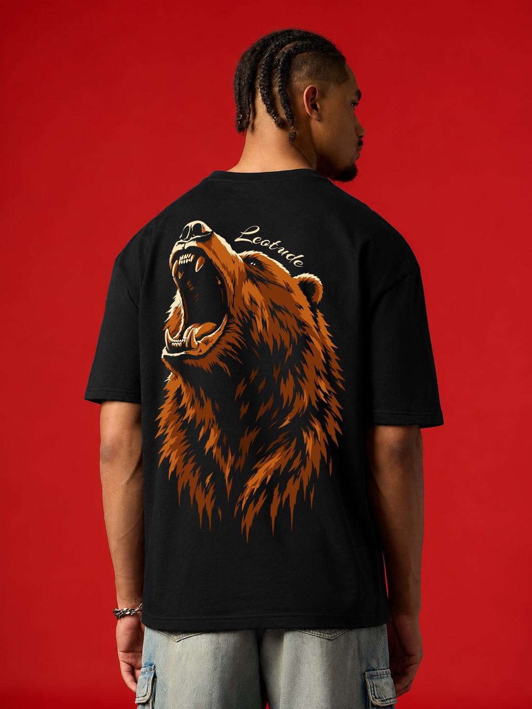 Men Oversized Printed T-Shirt | Black Bear | Half Sleeve Round Neck Streetwear Tee - Leotude Fashion