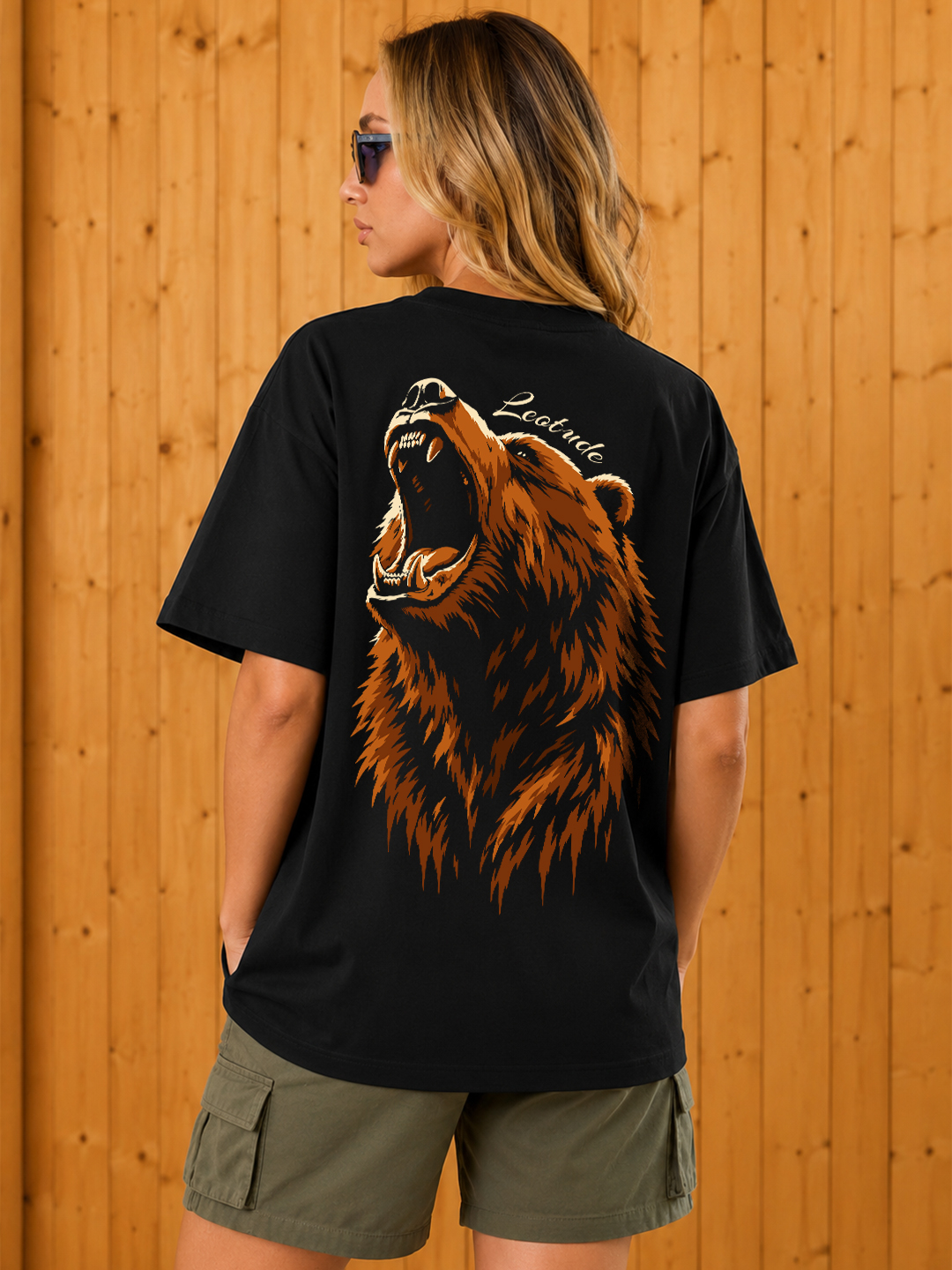 Women Oversized Printed T-Shirt | Black Bear | Half Sleeve Round Neck Streetwear Tee - Leotude Fashion
