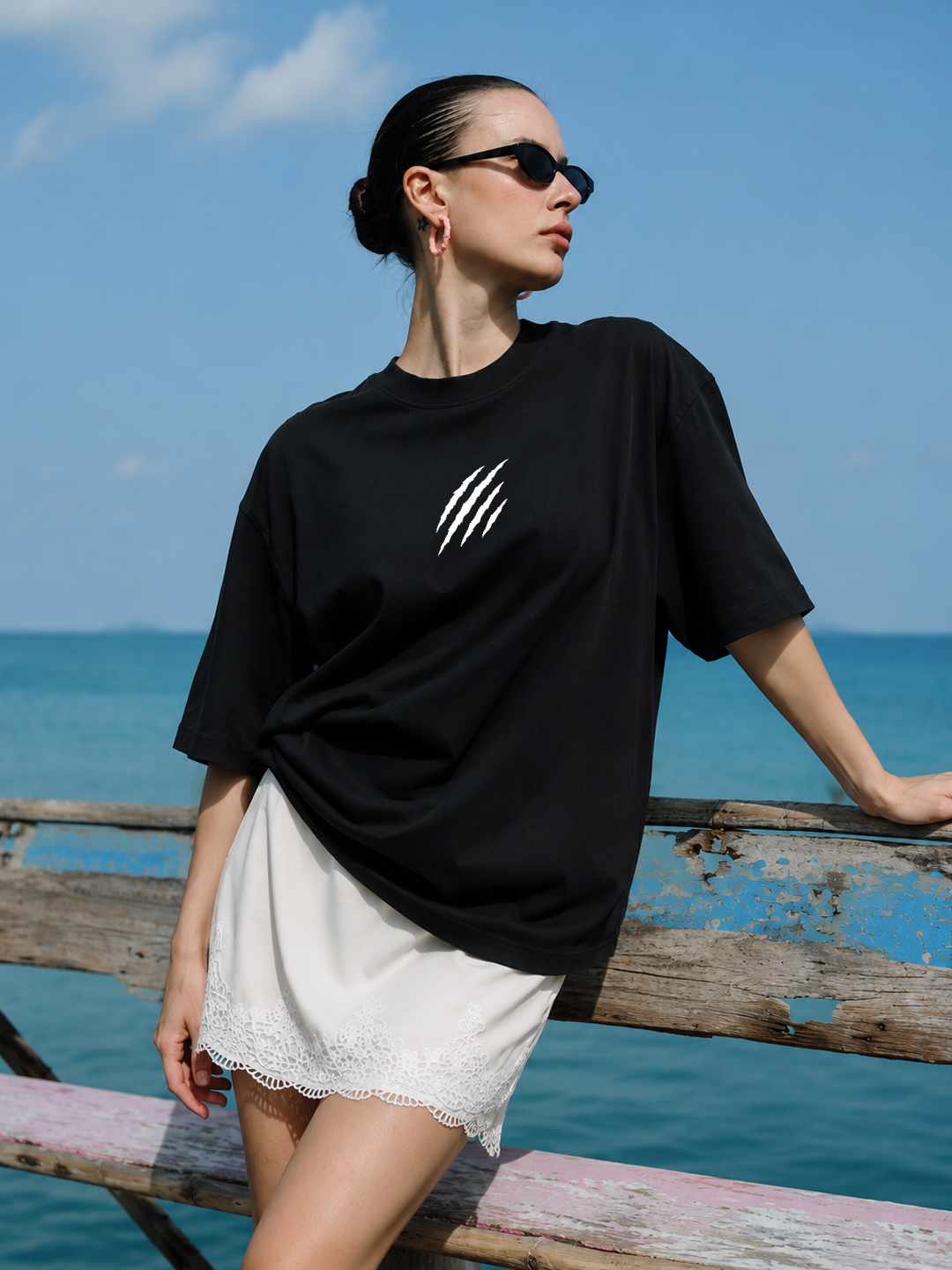 Women Oversized Printed T-Shirt | Black Scar | Half Sleeve Round Neck Streetwear Tee - Leotude Fashion