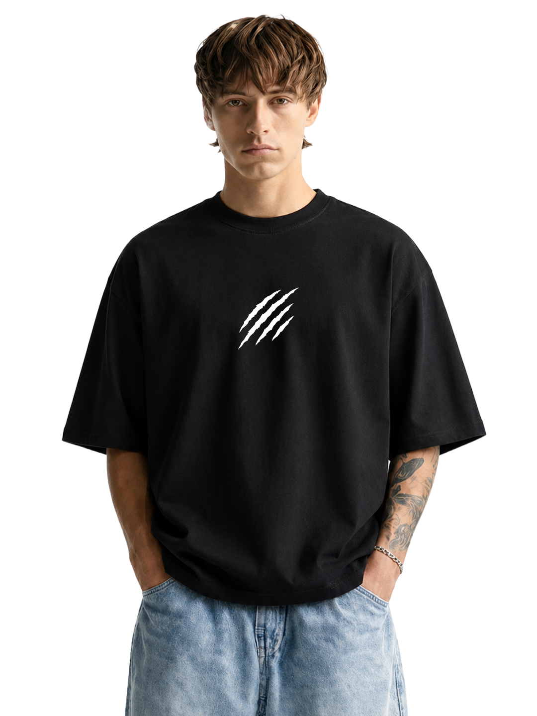 Men Oversized Printed T-Shirt | Black Scar | Half Sleeve Round Neck Streetwear Tee - Leotude Fashion