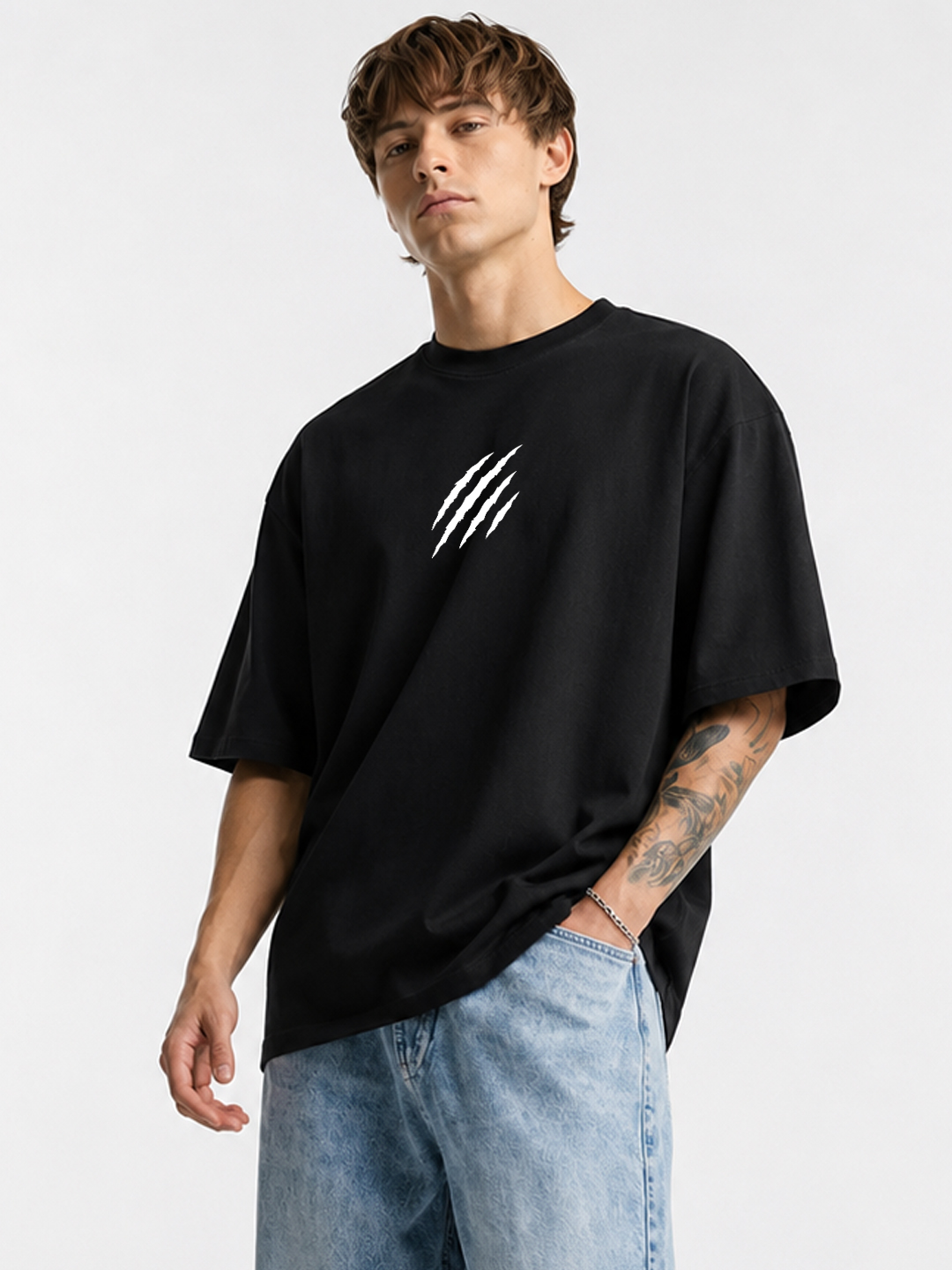 Men Oversized Printed T-Shirt | Black Scar | Half Sleeve Round Neck Streetwear Tee - Leotude Fashion