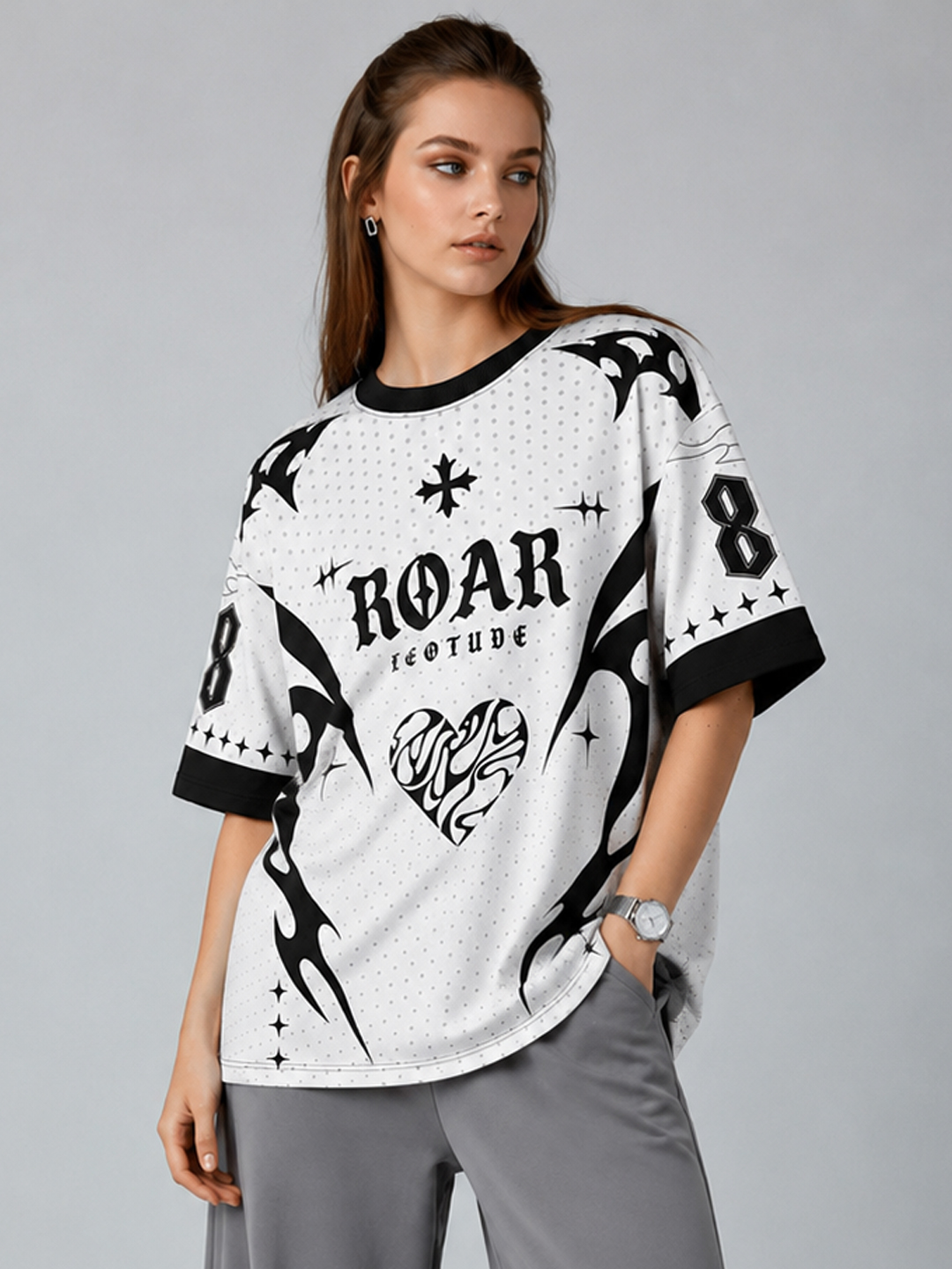 Women White Roar Oversized Polyester T-Shirt | Half Sleeve Round Neck Graphic Streetwear Tee - Leotude Fashion