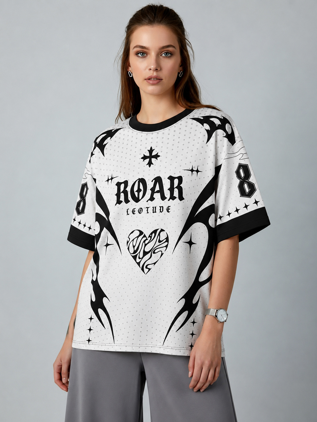 Women White Roar Oversized Polyester T-Shirt | Half Sleeve Round Neck Graphic Streetwear Tee - Leotude Fashion