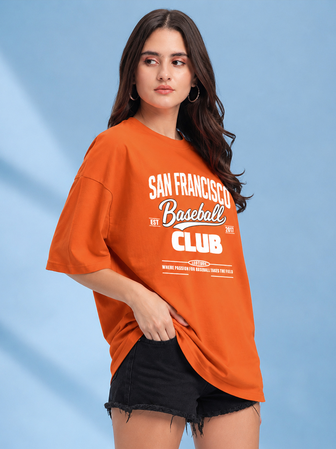 Women Oversized Printed T-Shirt | Orange francisco Printed | Half Sleeve Round Neck Streetwear Tee - Leotude Fashion