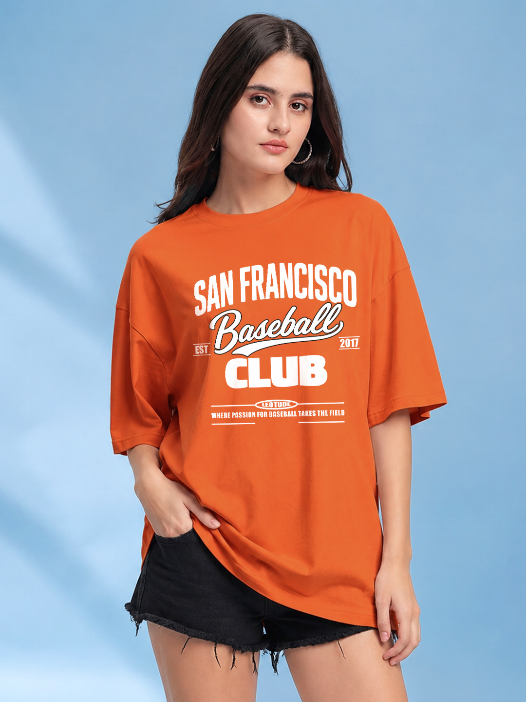 Women Oversized Printed T-Shirt | Orange francisco Printed | Half Sleeve Round Neck Streetwear Tee - Leotude Fashion