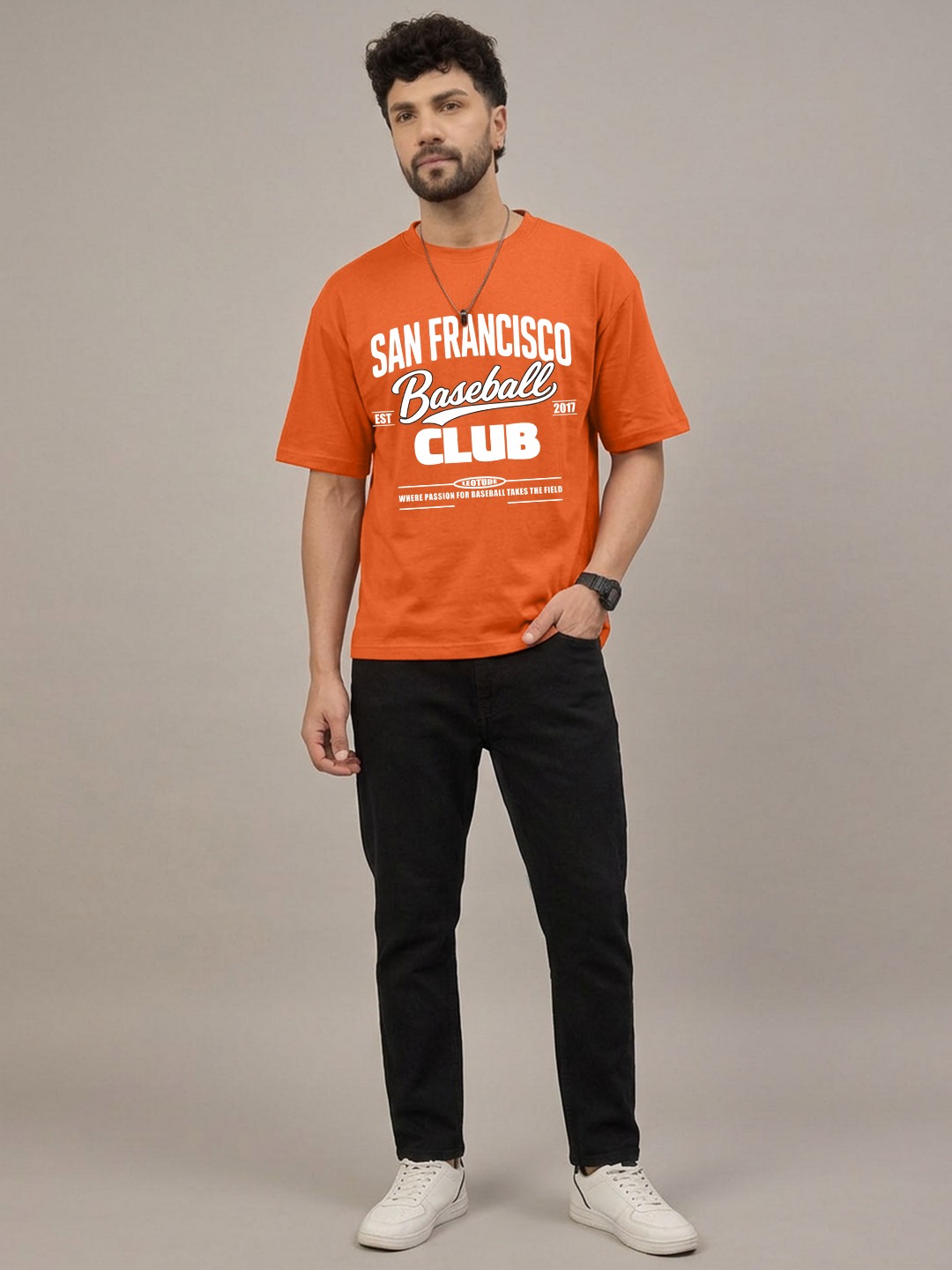 Men Oversized Printed T-Shirt | Orange francisco Printed | Half Sleeve Round Neck Streetwear Tee