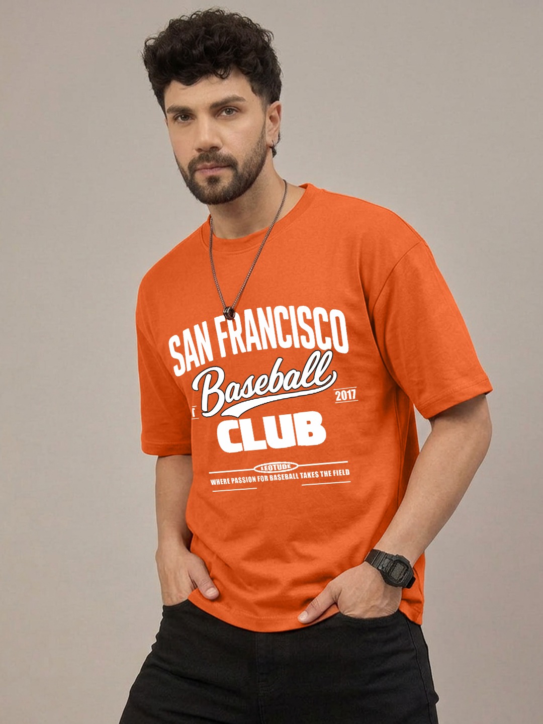 Men Oversized Printed T-Shirt | Orange francisco Printed | Half Sleeve Round Neck Streetwear Tee