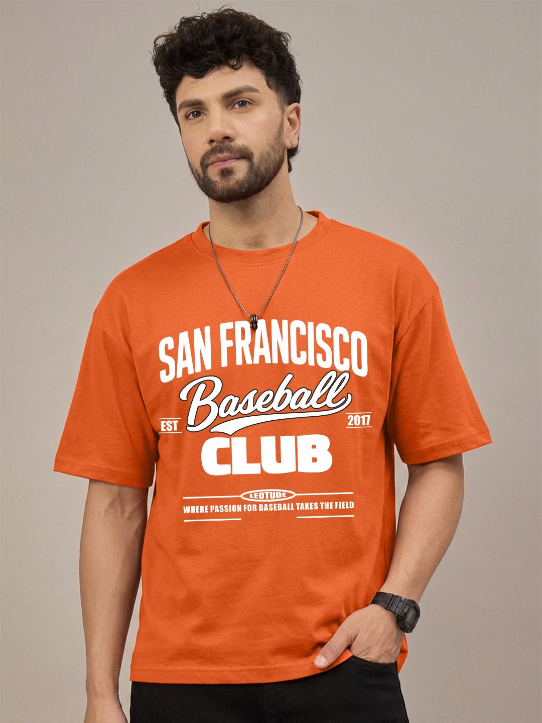 Men Oversized Printed T-Shirt | Orange francisco Printed | Half Sleeve Round Neck Streetwear Tee - Leotude Fashion
