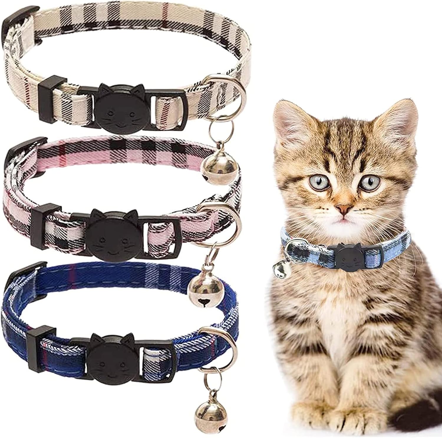 Pawzo Adjustable Cat Collar with Bell | Soft Plaid Kitten Collar | Safety Breakaway Collar