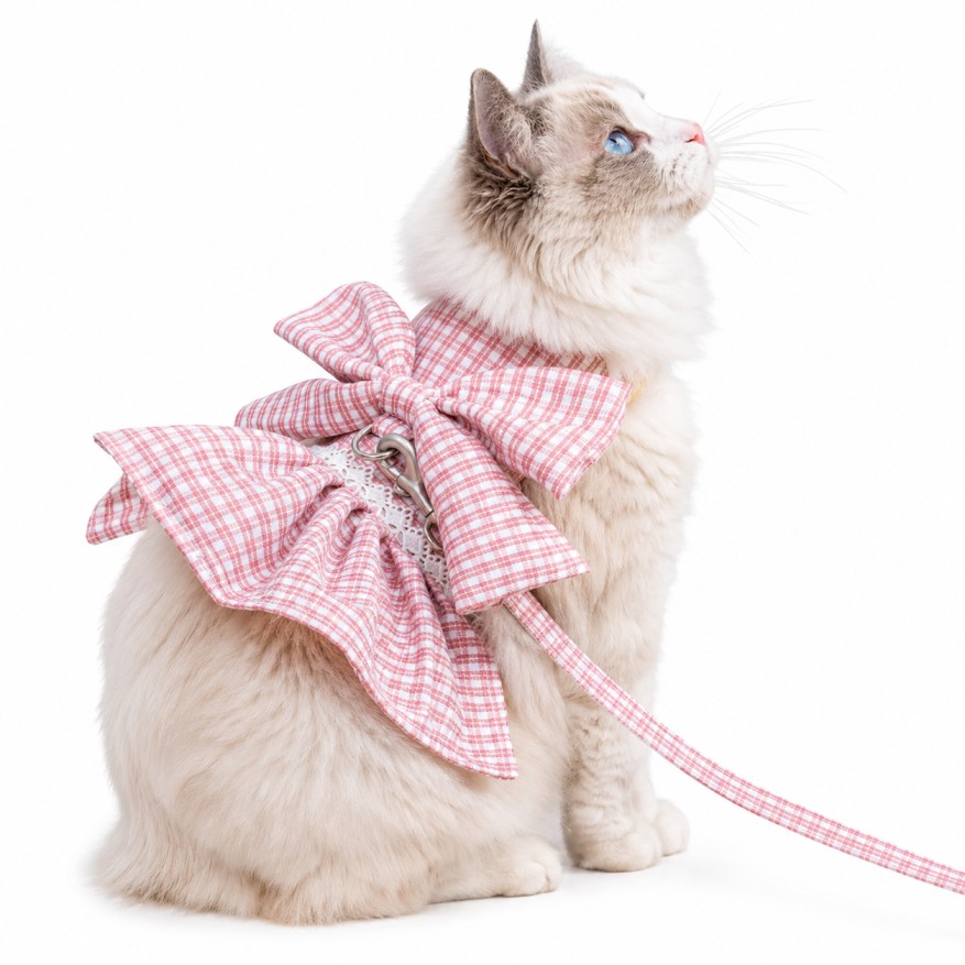 Pawzo Elegant Cat Dress Harness with Leash | Adjustable Plaid Bow Pet Harness for Kittens & Cats