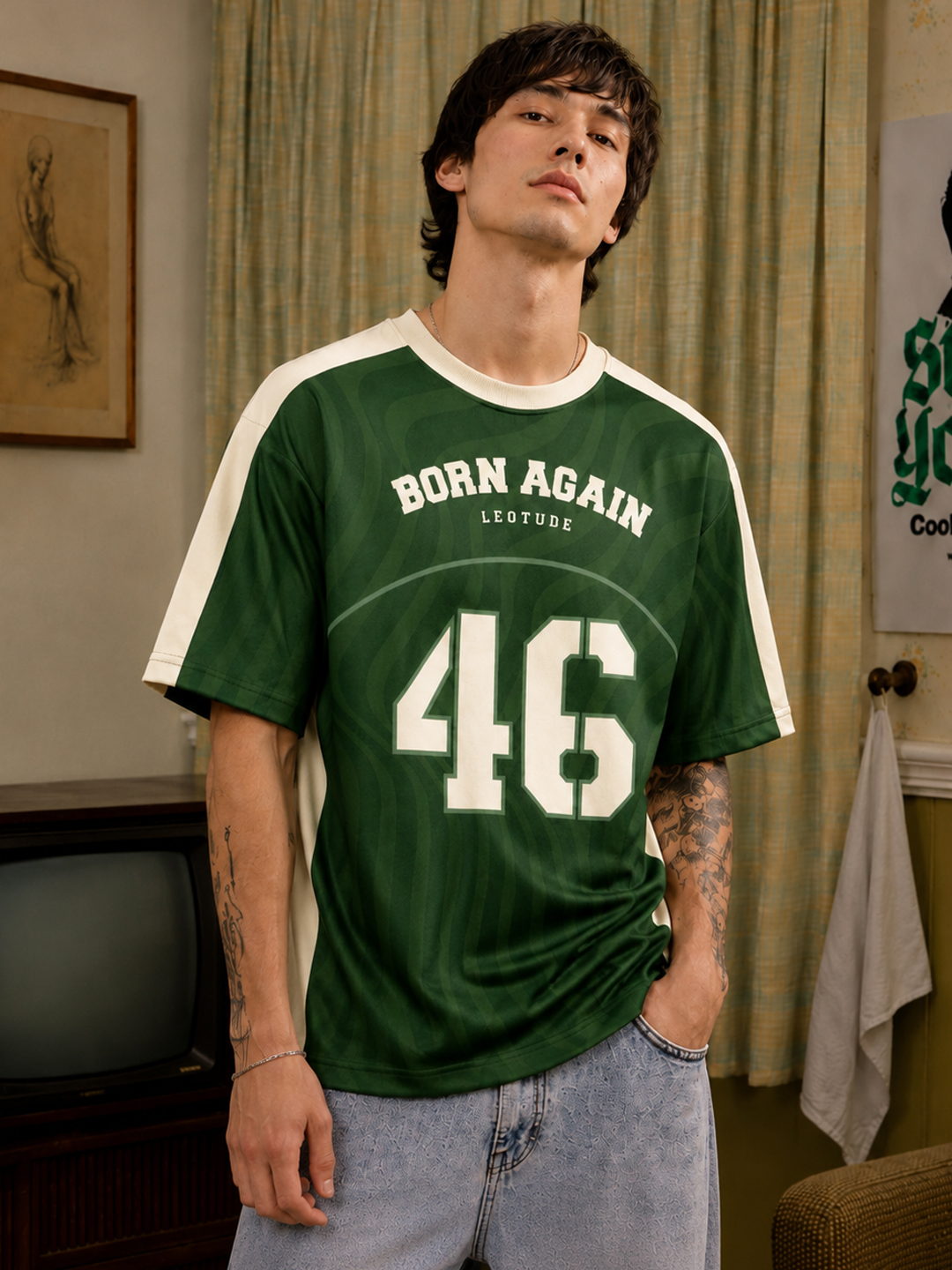 Men's Green Born Again Oversized Polyester Graphic T-Shirt | Half Sleeve Round Neck Streetwear Tee - Leotude Fashion
