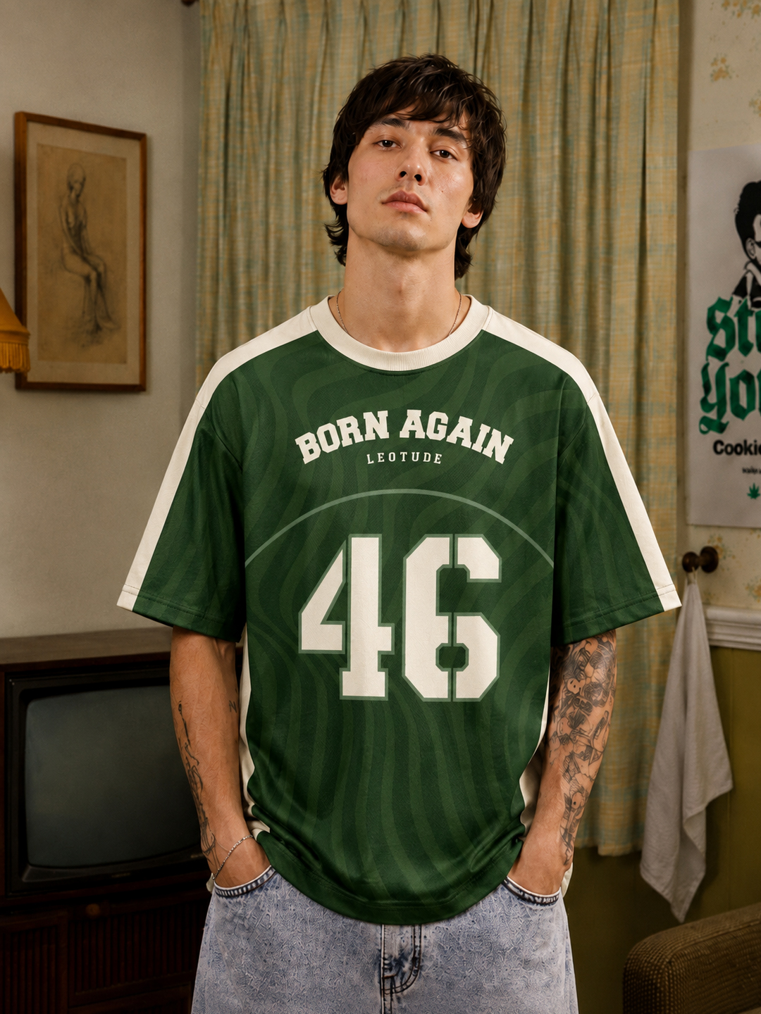 Men's Green Born Again Oversized Polyester Graphic T-Shirt | Half Sleeve Round Neck Streetwear Tee - Leotude Fashion