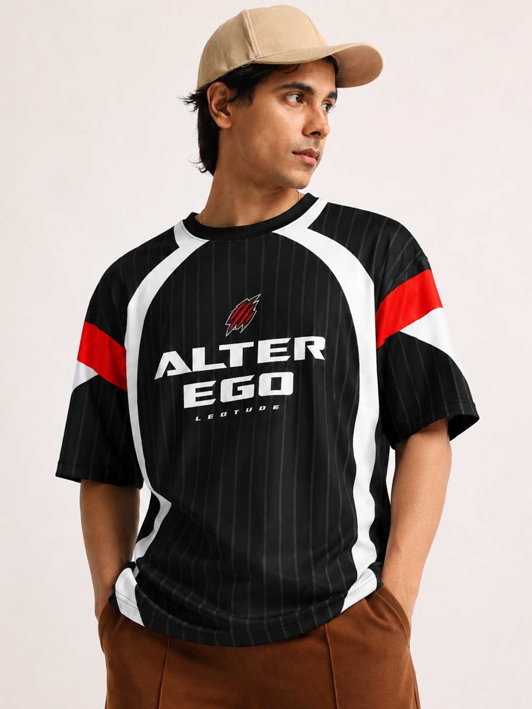 Men's Black Alter Ego Oversized Polyester Graphic T-Shirt | Half Sleeve Round Neck Streetwear Tee - Leotude Fashion