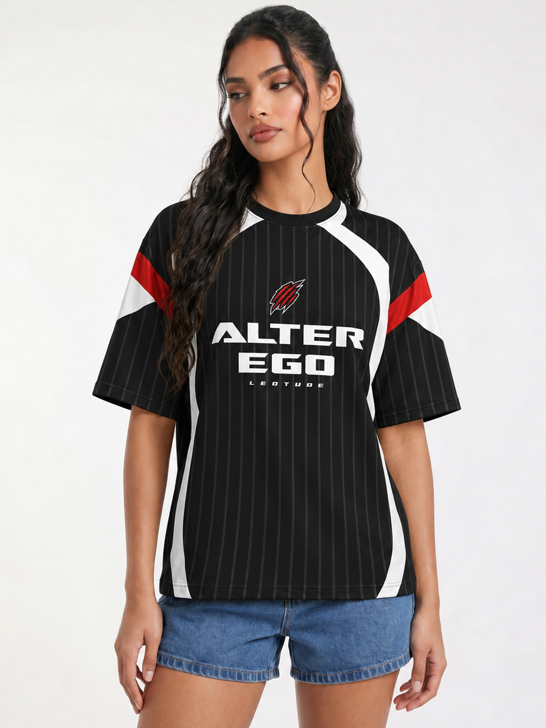 Women's Black Alter Ego Oversized Polyester Graphic T-Shirt | Half Sleeve Round Neck Streetwear Tee - Leotude Fashion