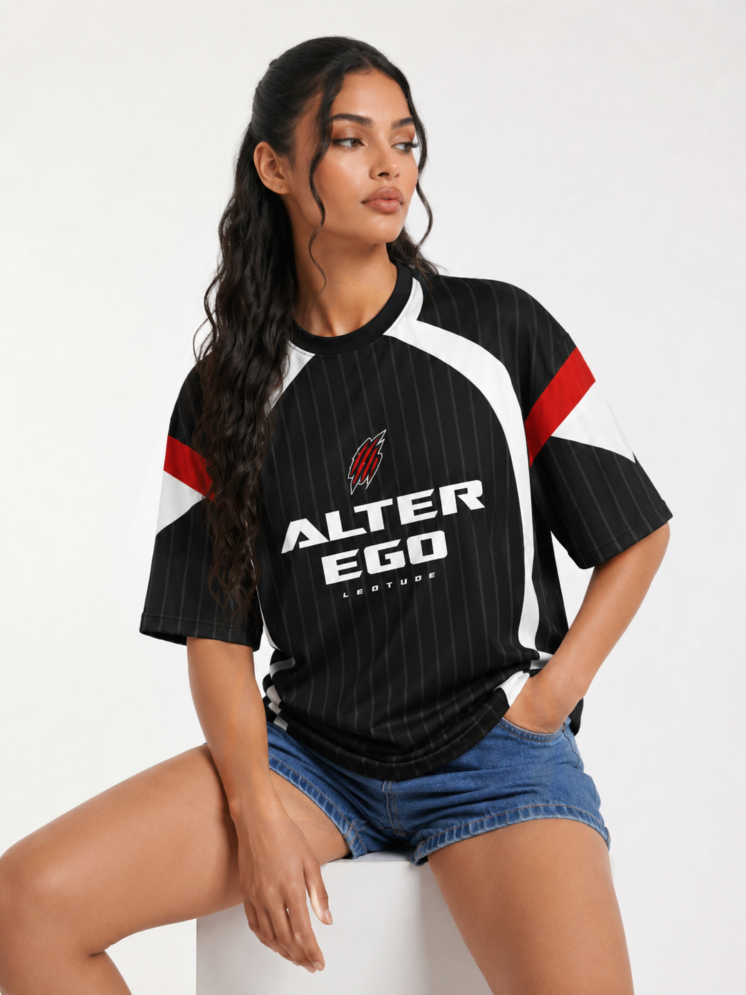 Women's Black Alter Ego Oversized Polyester Graphic T-Shirt | Half Sleeve Round Neck Streetwear Tee - Leotude Fashion