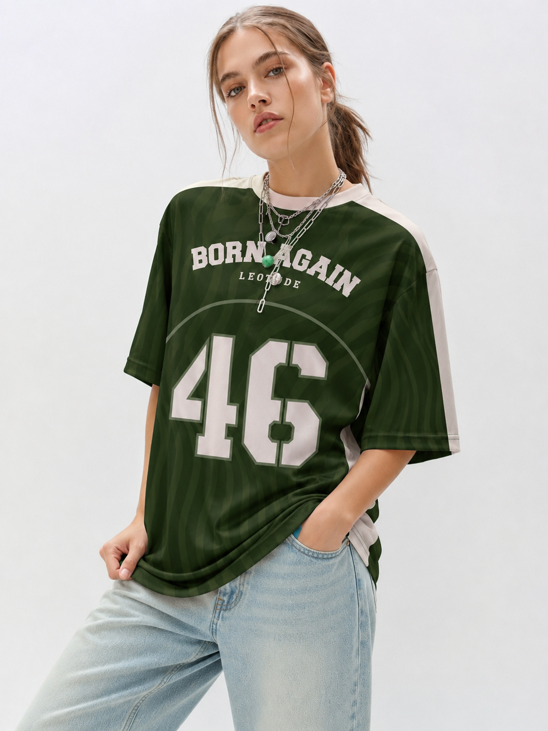 Women's Green Born Again Oversized Polyester Graphic T-Shirt | Half Sleeve Round Neck Streetwear Tee - Leotude Fashion