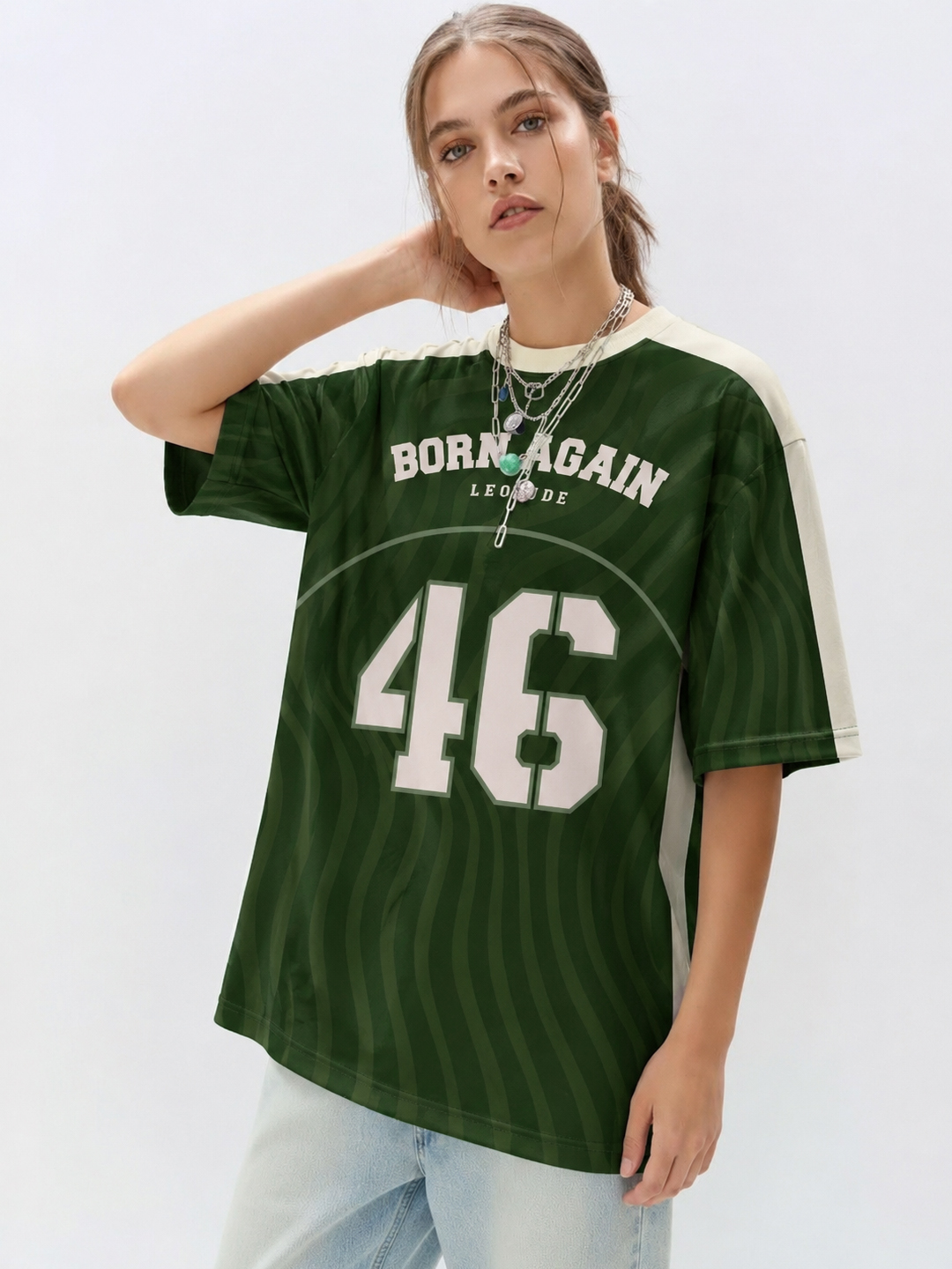 Women's Green Born Again Oversized Polyester Graphic T-Shirt | Half Sleeve Round Neck Streetwear Tee - Leotude Fashion