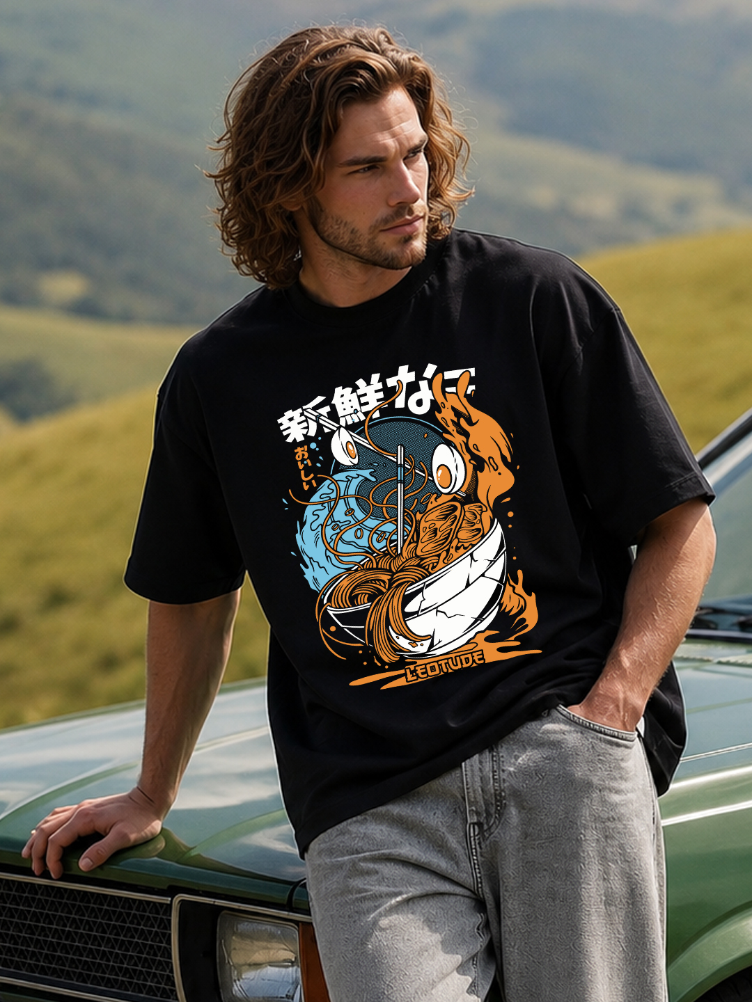 Men Oversized Printed T-Shirt | Black Ramen Graphic | Half Sleeve Round Neck Streetwear Tee - Leotude Fashion