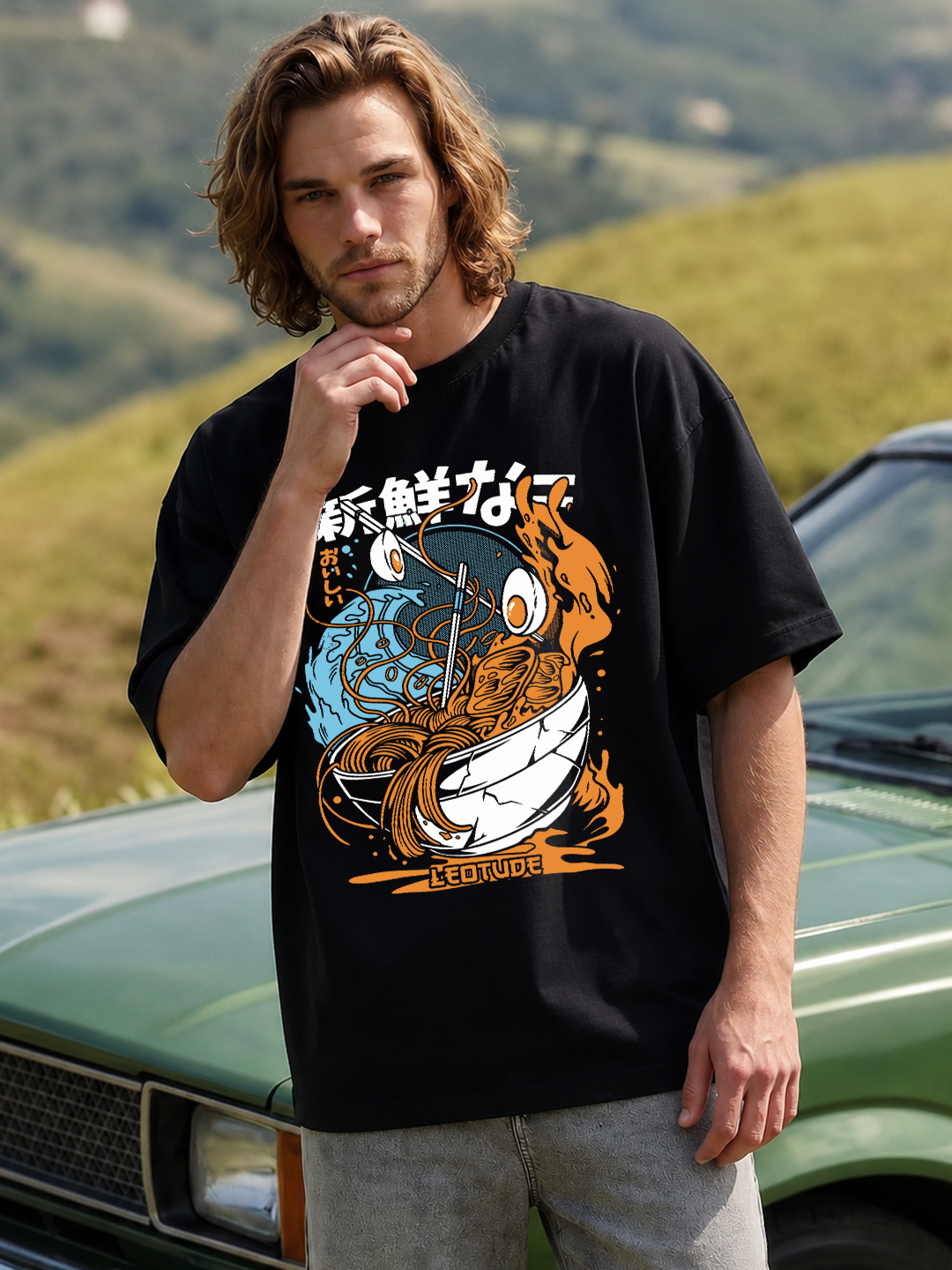 Men Oversized Printed T-Shirt | Black Ramen Graphic | Half Sleeve Round Neck Streetwear Tee - Leotude Fashion