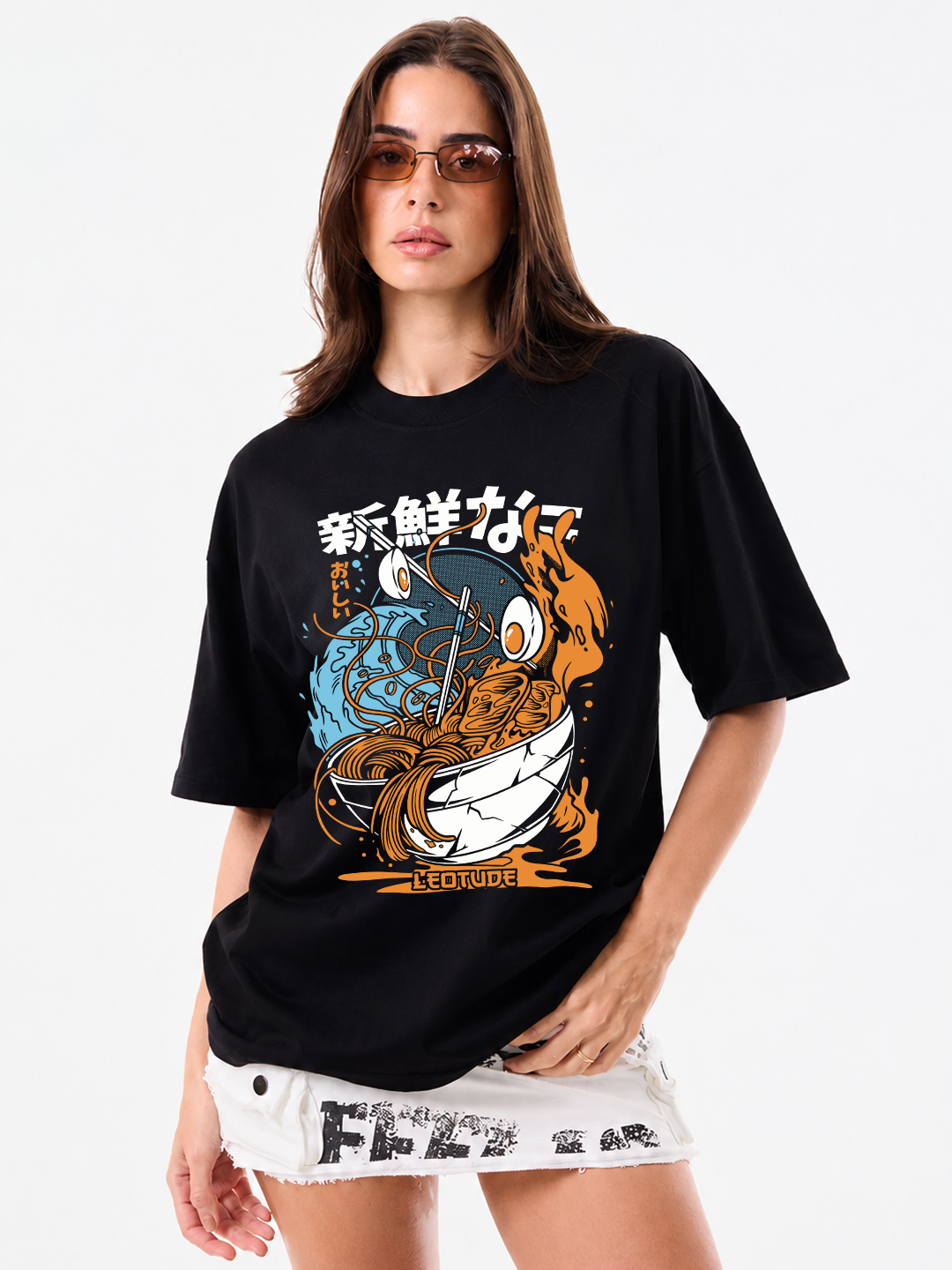 Women Oversized Printed T-Shirt | Black Ramen Graphic | Half Sleeve Round Neck Streetwear Tee - Leotude Fashion