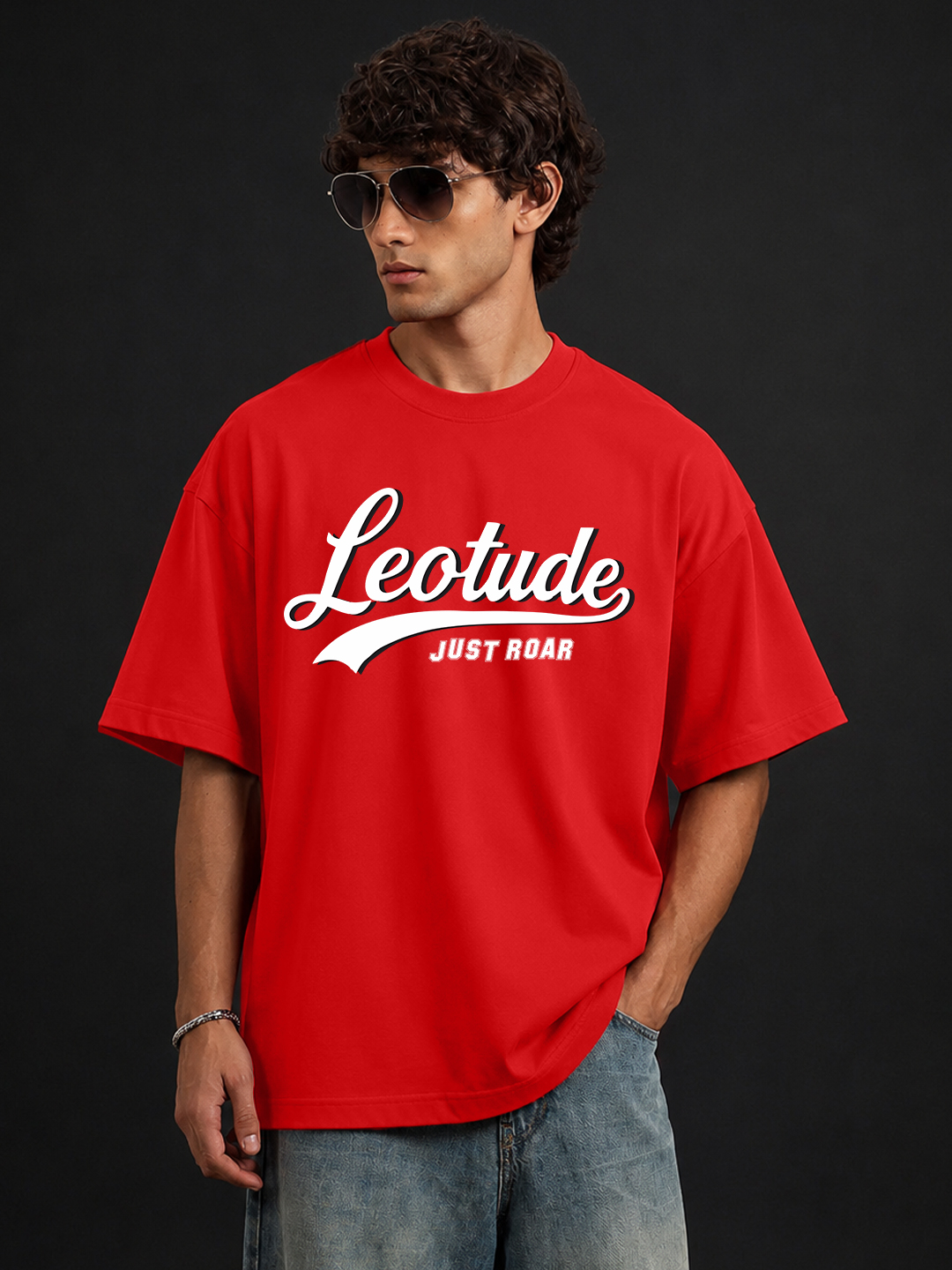 Men Oversized Printed T-Shirt | Red College Graphic | Half Sleeve Round Neck Streetwear Tee - Leotude Fashion